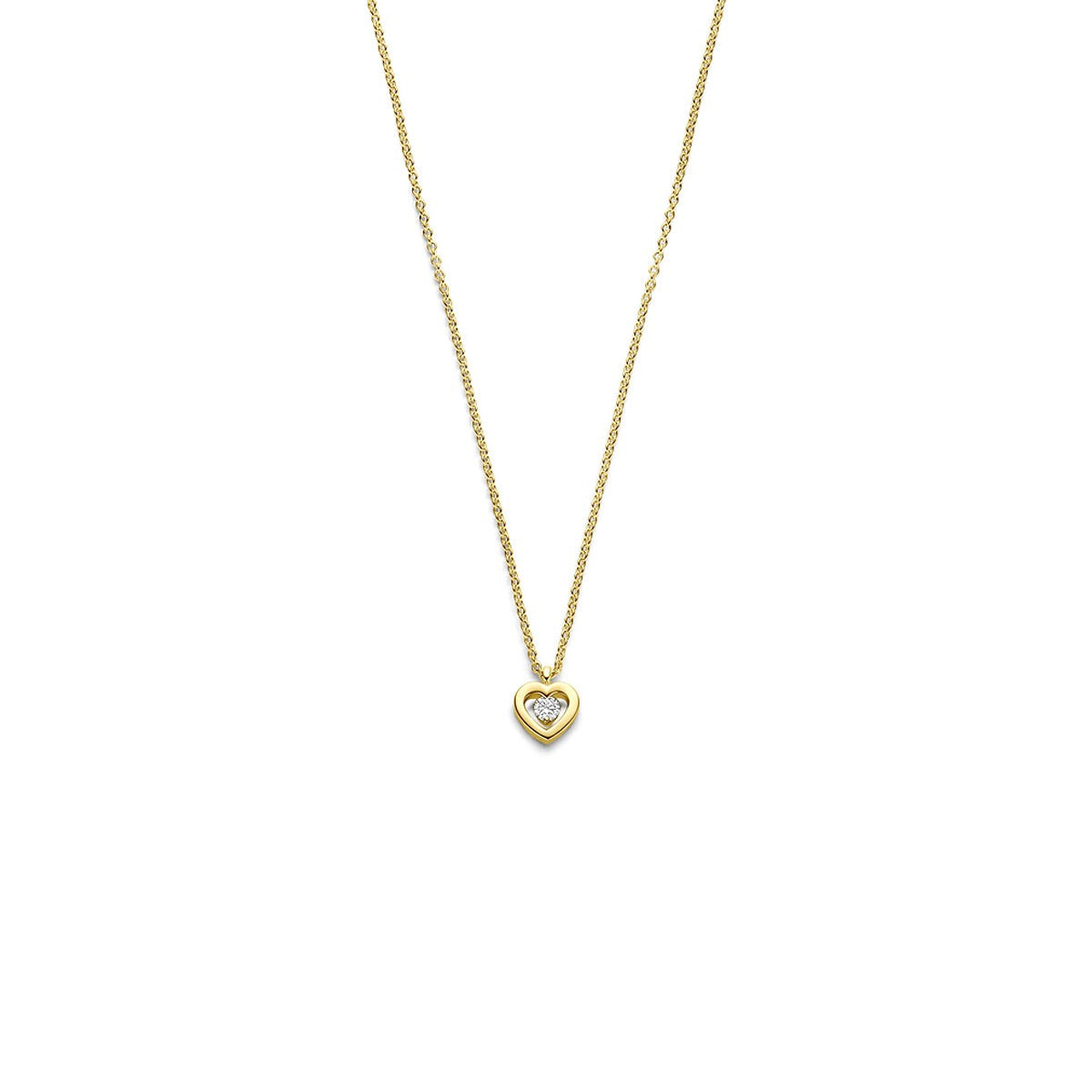 Geelgouden collier met een hartvormige hanger en een diamant in het midden.