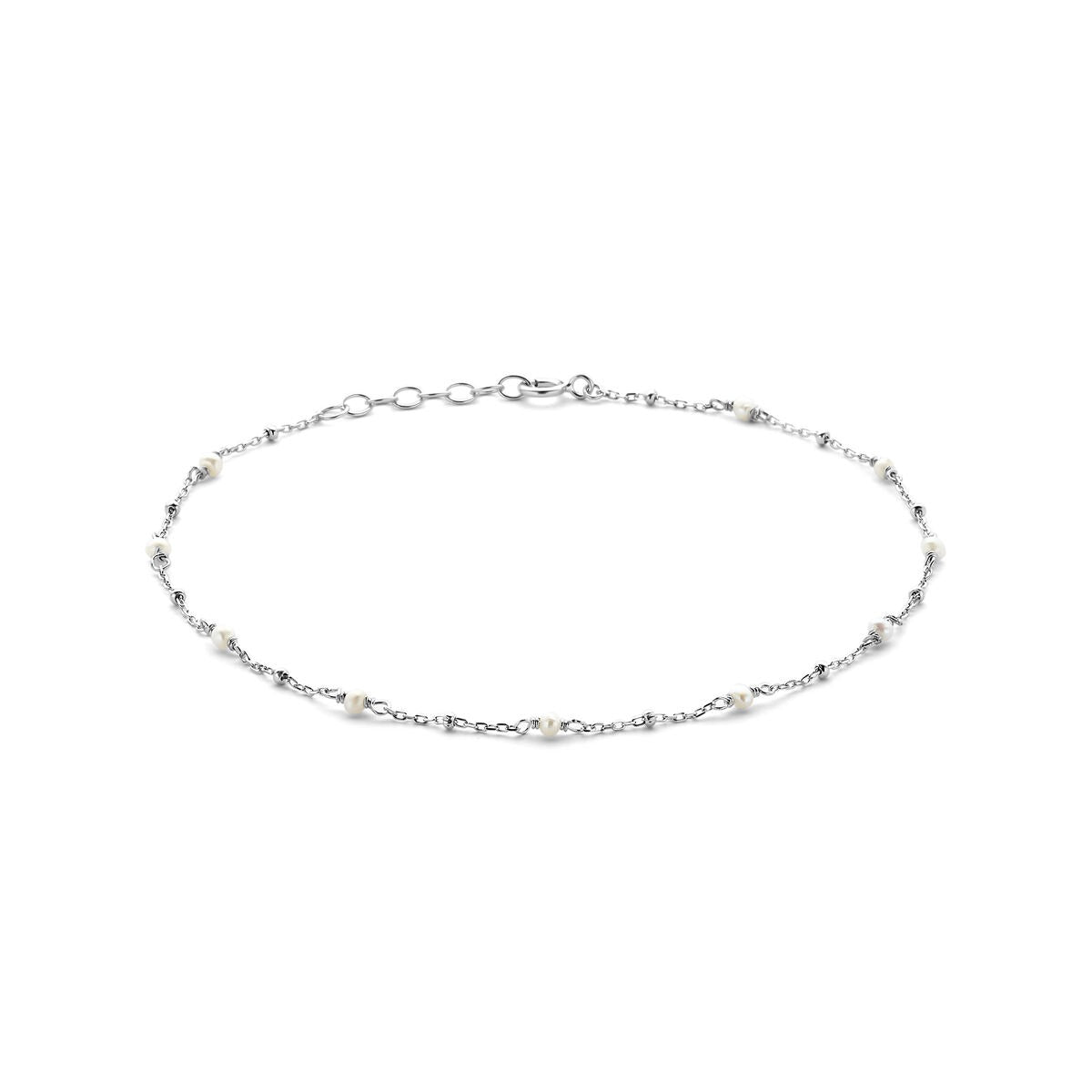 Zilveren enkelbandje van gerhodineerd 925 zilver met witte parels, lengte 24-26 cm.