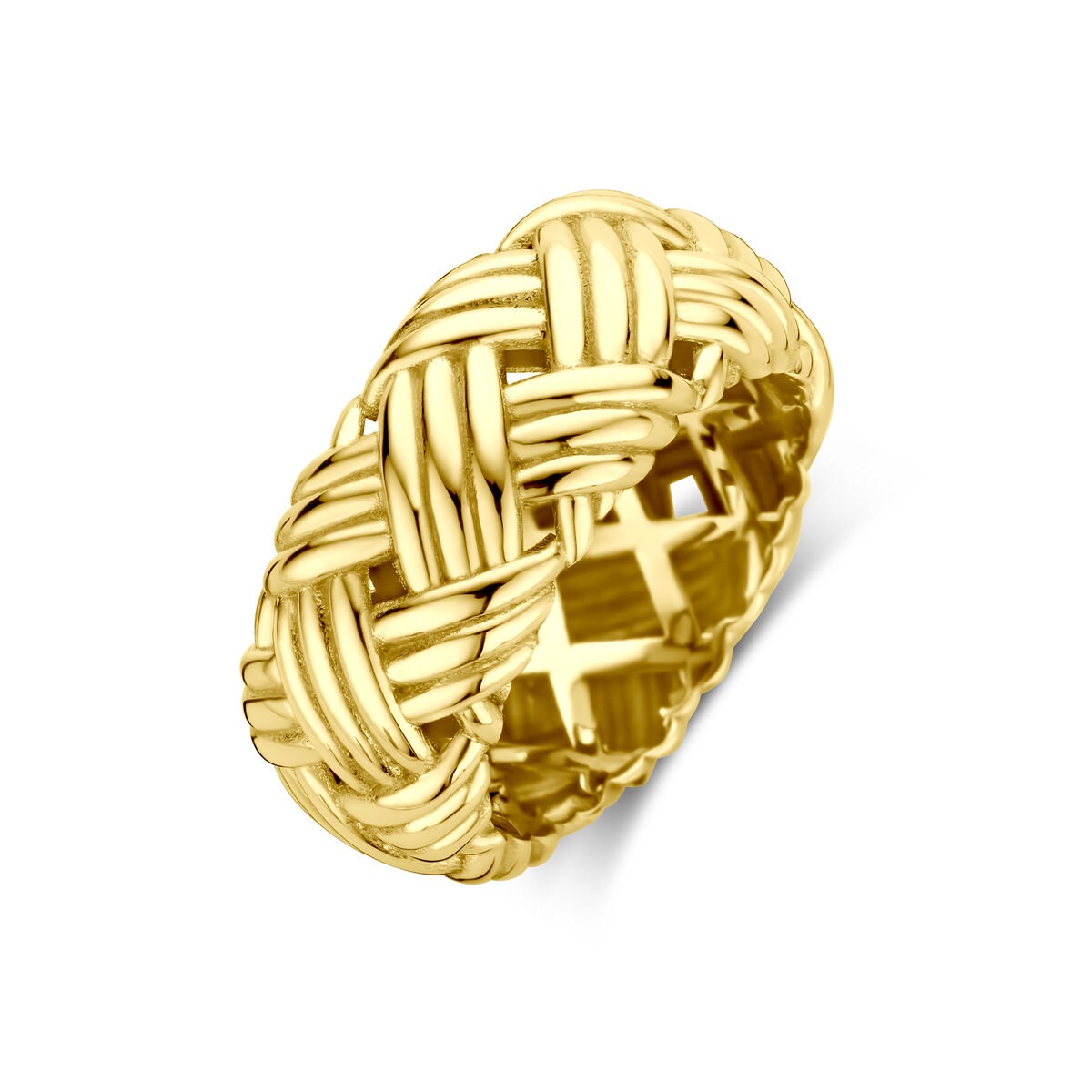 Geelgouden damesring met een breed, gevlochten ontwerp van 10 mm.
