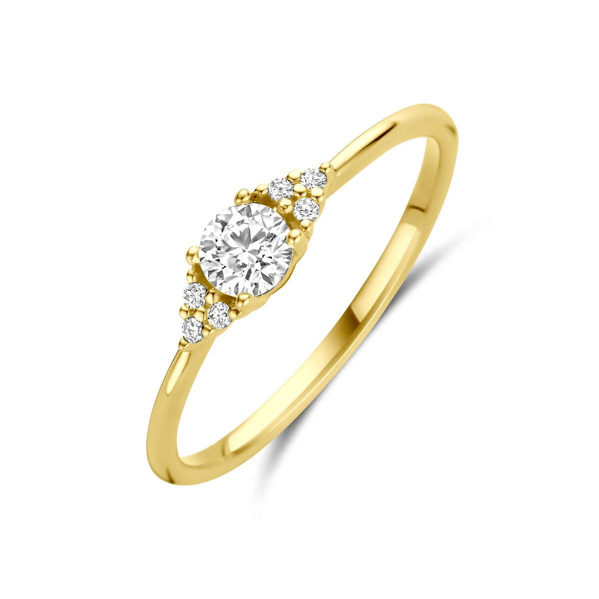 Gouden damesring van 14k met een solitaire diamant van 0.28ct en zes kleine steentjes aan de zijkanten.