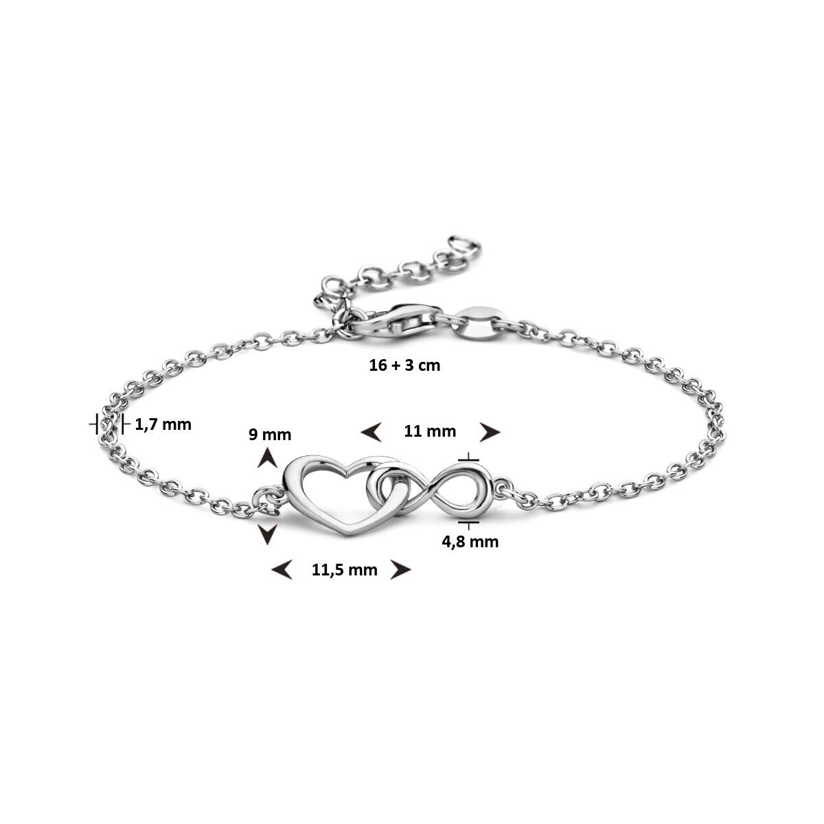 Gerhodineerd 925 zilveren armband met hartje en infinity