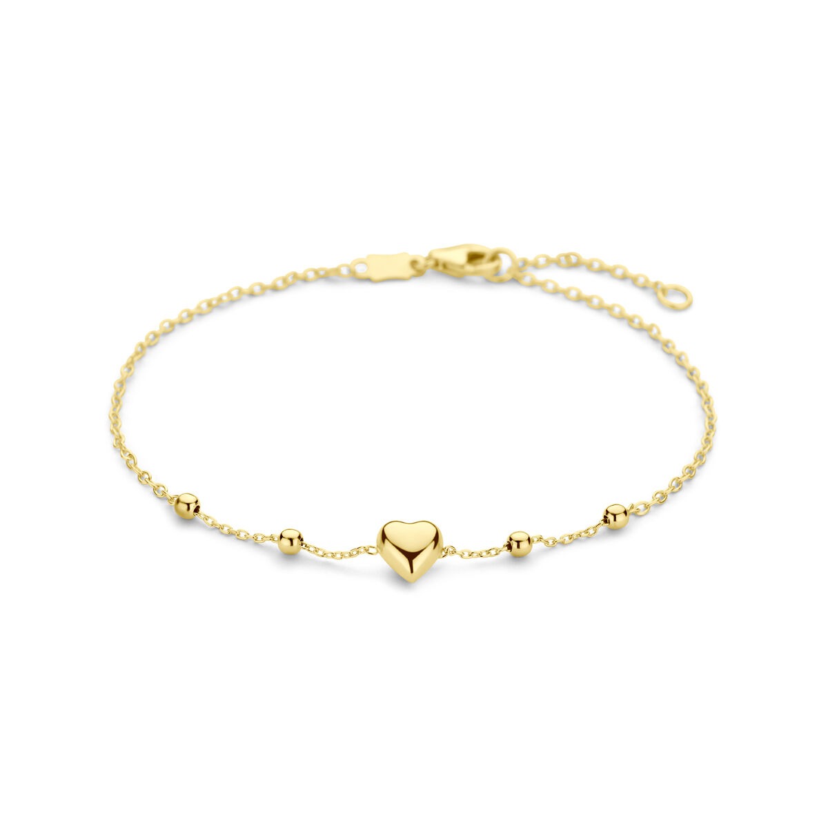 Geelgouden armband met een hartje en kleine bolletjes, fijne schakel en een sluiting.