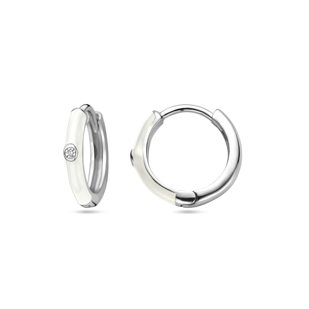 Zilveren dames klapoorringen met zirkonia en wit emaille – gerhodineerd 15 mm