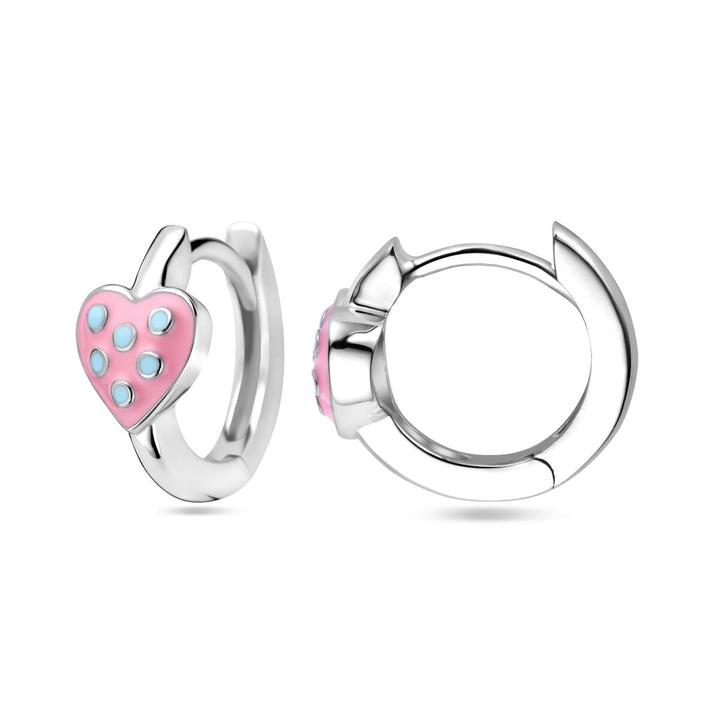 Zilveren kinder klapoorringen met roze en turquoise emaille hartje
