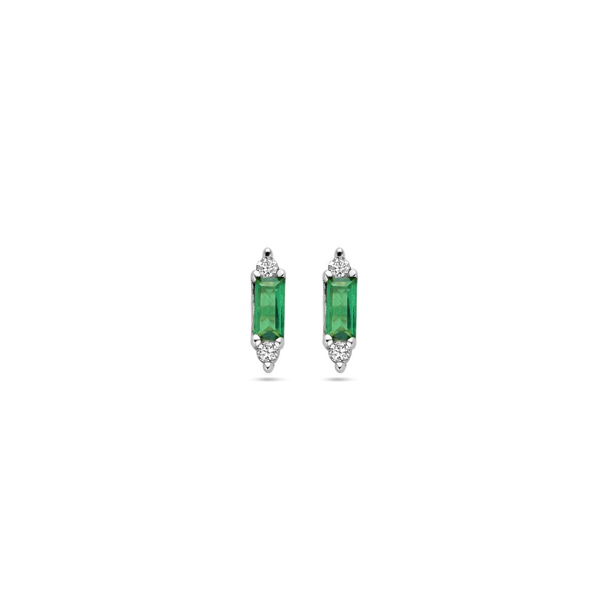 Zilveren oorknoppen met groene en witte zirkonia, gerhodineerd, in rechthoekige vorm van 8 mm.