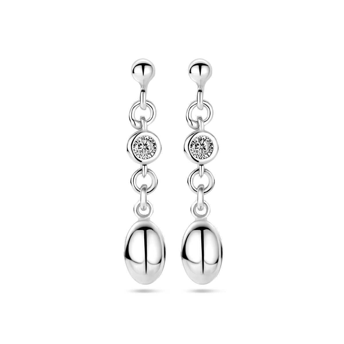 Zilveren oorhangers van gerhodineerd 925 zilver met zirkonia, hangend met een bolletje en een ovale schijf.