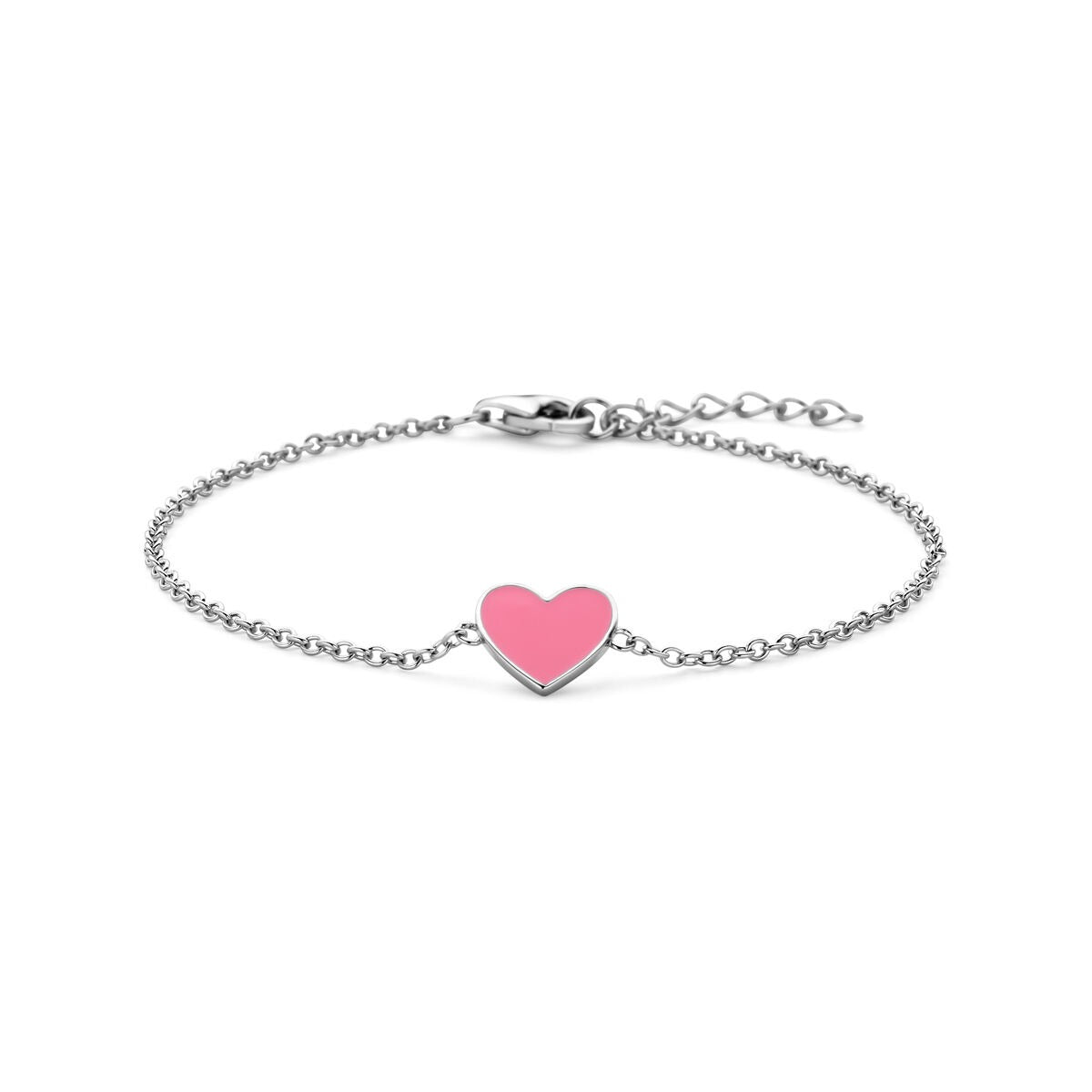 Zilveren armband van gerhodineerd 925 zilver met een roze emaille hartje in het midden.