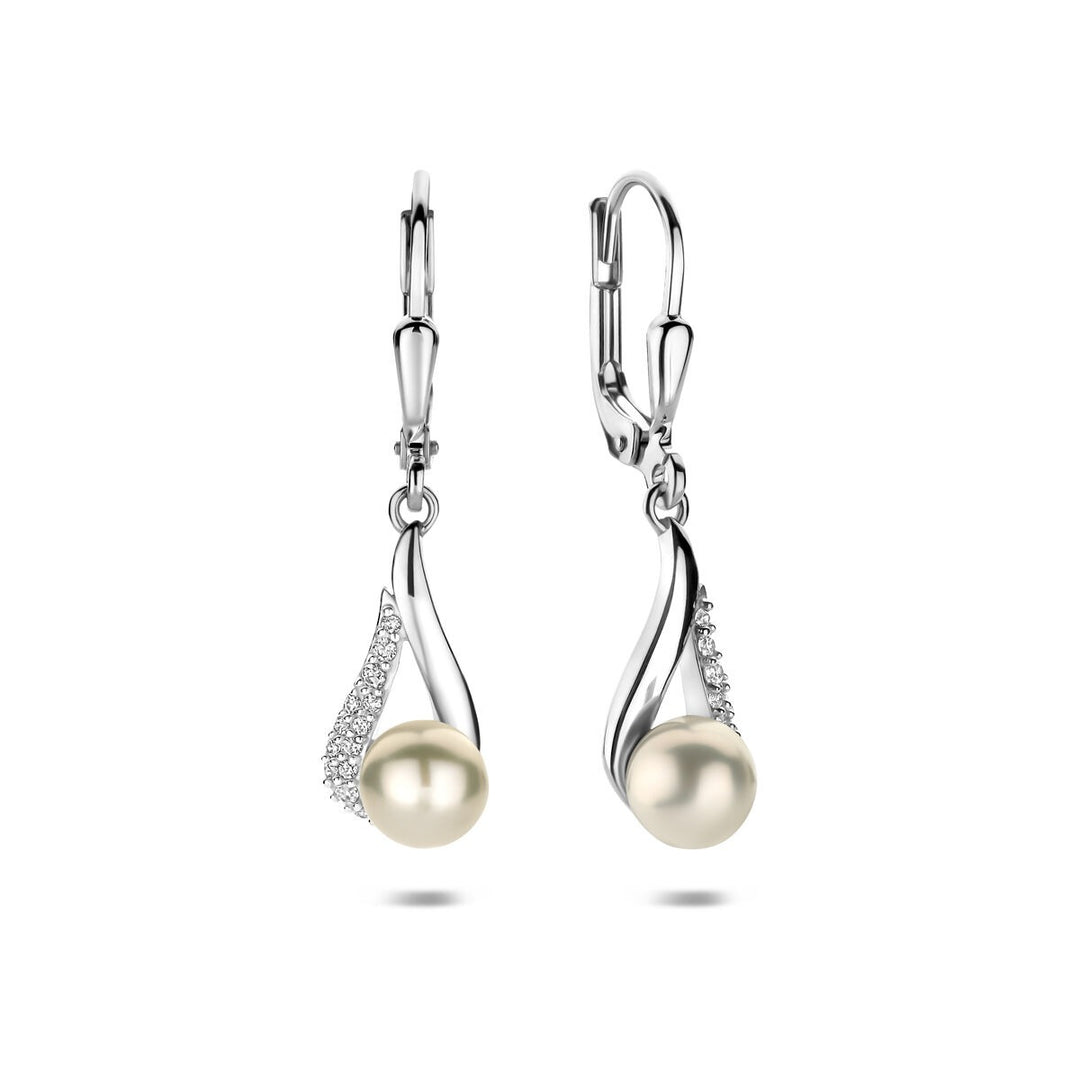 Zilveren oorhangers met parel en zirkonia – gerhodineerd 925 zilver 30 mm