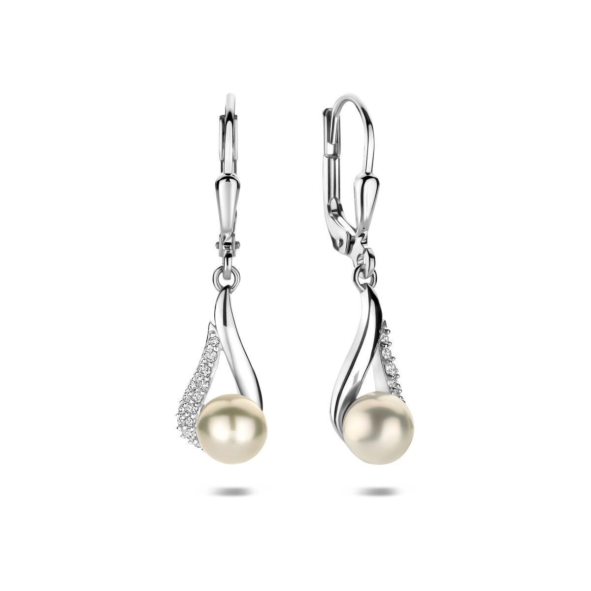 Zilveren oorhangers met parel en zirkonia – gerhodineerd 925 zilver 30 mm