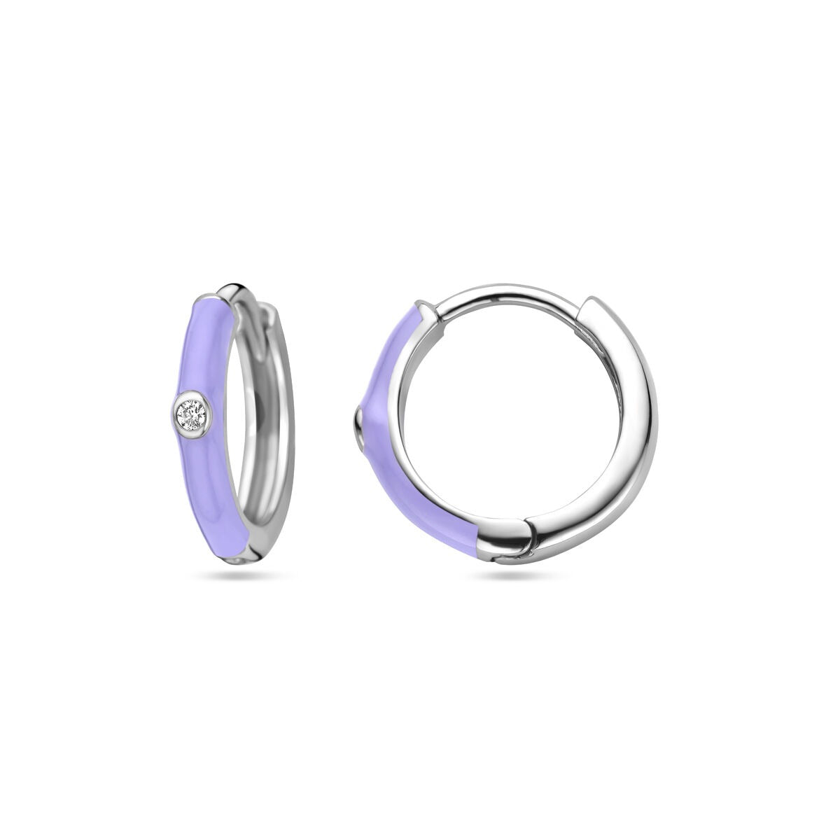 Zilveren dames klapoorringen met zirkonia en paars emaille – gerhodineerd 15 mm