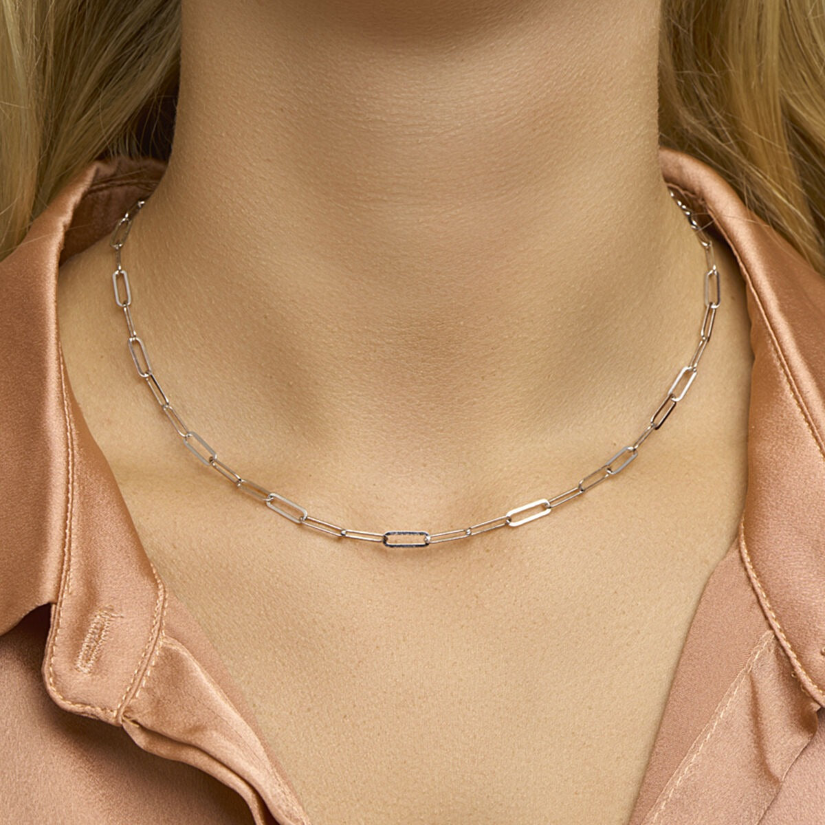 necklace paper clip flat tube 3.8 mm 41 + 4 cm silver rhodium plated