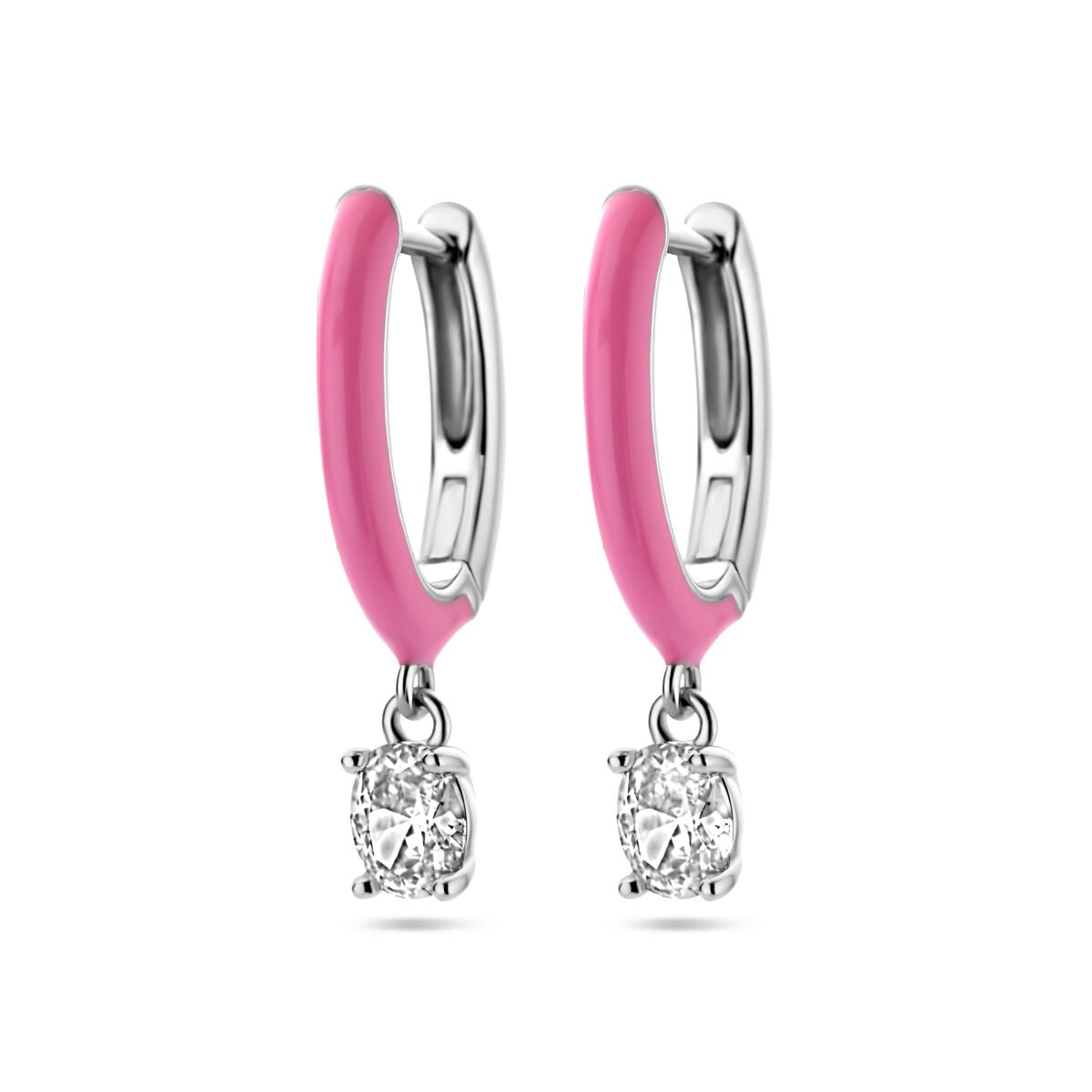 Zilveren klapoorringen met roze emaille en een zirkonia hanger, gerhodineerd 925 zilver.