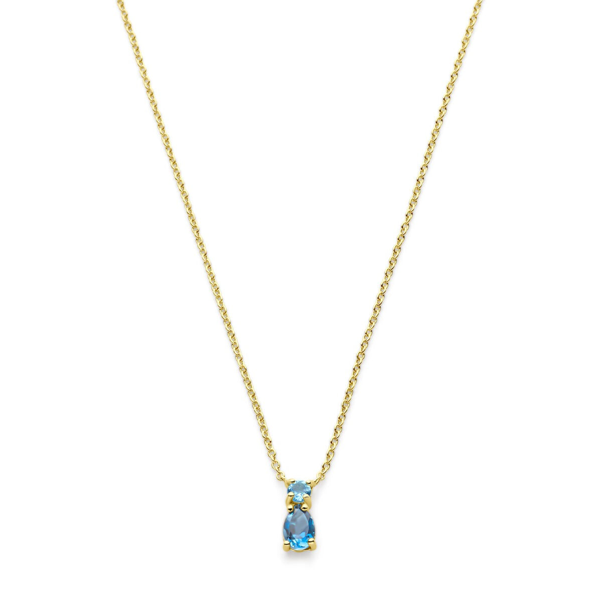 Geelgouden collier met een hanger, versierd met sky blue en London blue topaas.