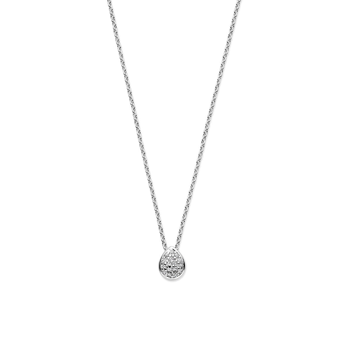 Zilveren ketting met druppelvormige zirkonia hanger, gerhodineerd, lengte 41-45 cm.