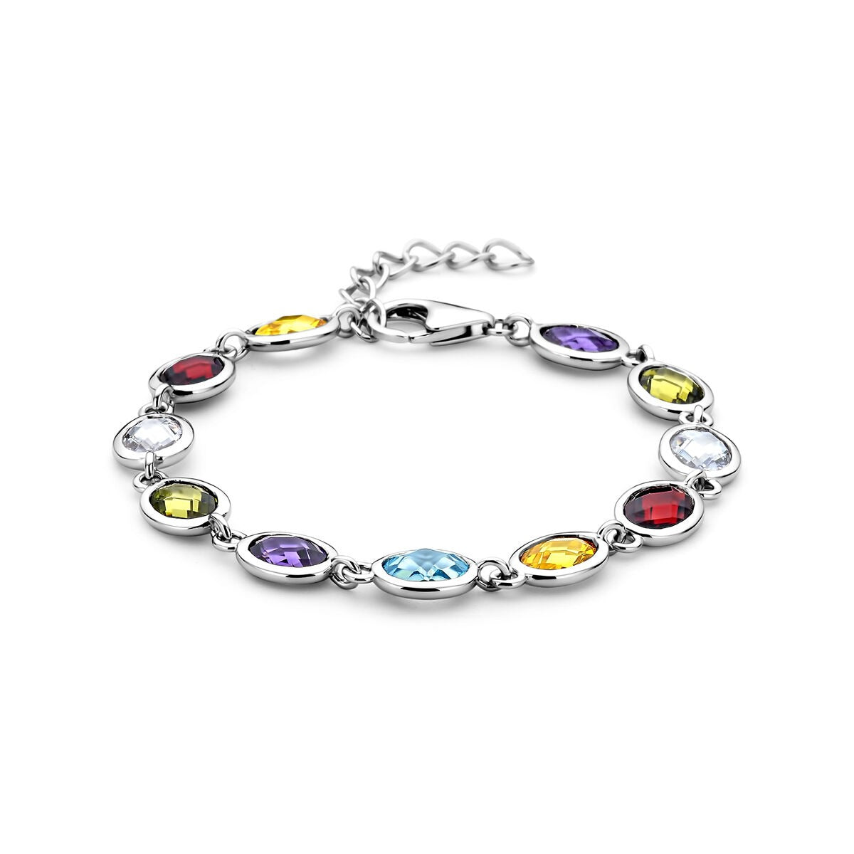 Zilveren armband van gerhodineerd 925 zilver met gekleurde zirkonia in verschillende vormen.