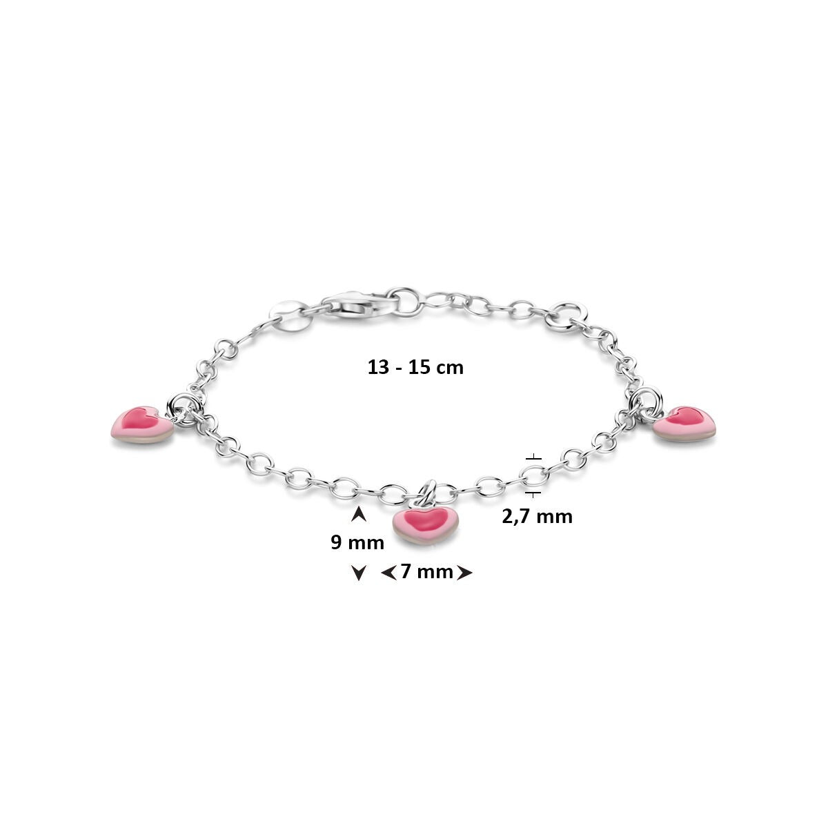 Zilveren kinder armband met hartjes – gerhodineerd en geëmailleerd