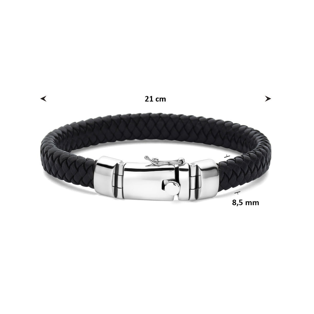 Gerhodineerd zilveren heren armband met zwart leer – 8,5 mm breed