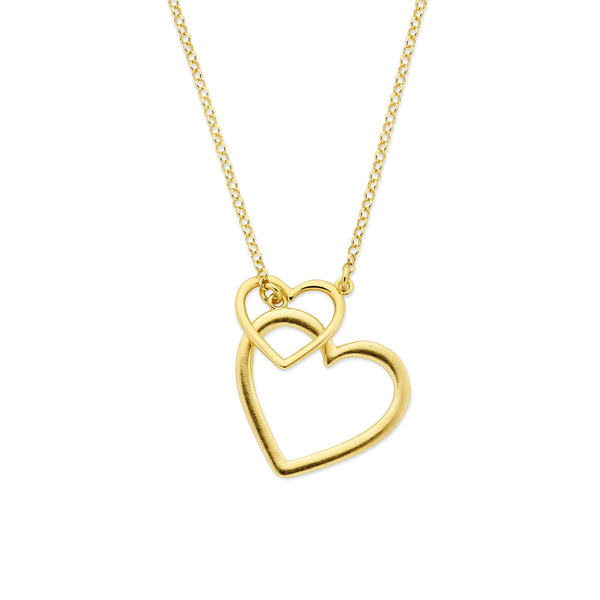 Verguld 925 zilveren collier met twee overlappende hartjes in een glanzende afwerking.