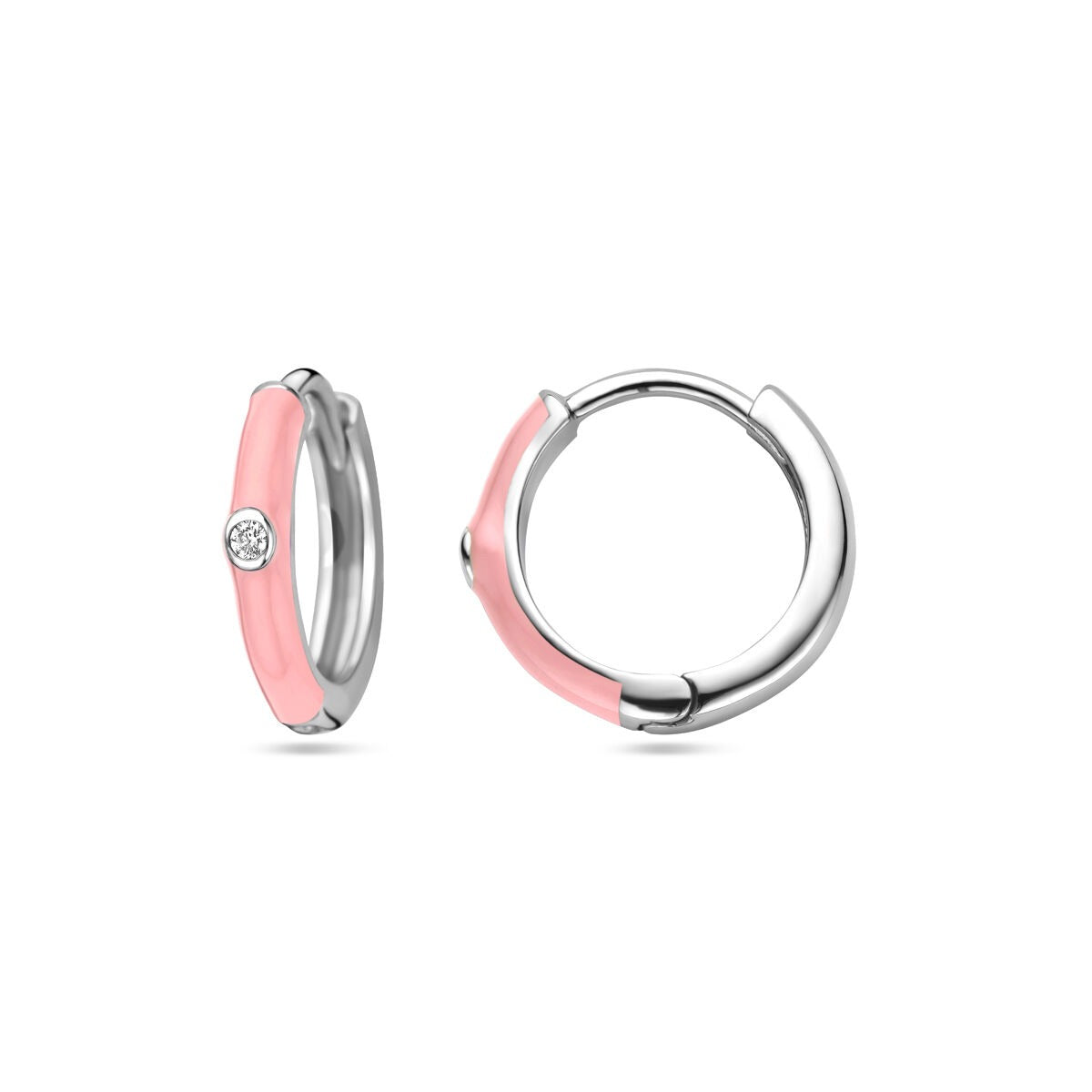 Zilveren dames klapoorringen met zirkonia en roze emaille – gerhodineerd 15 mm