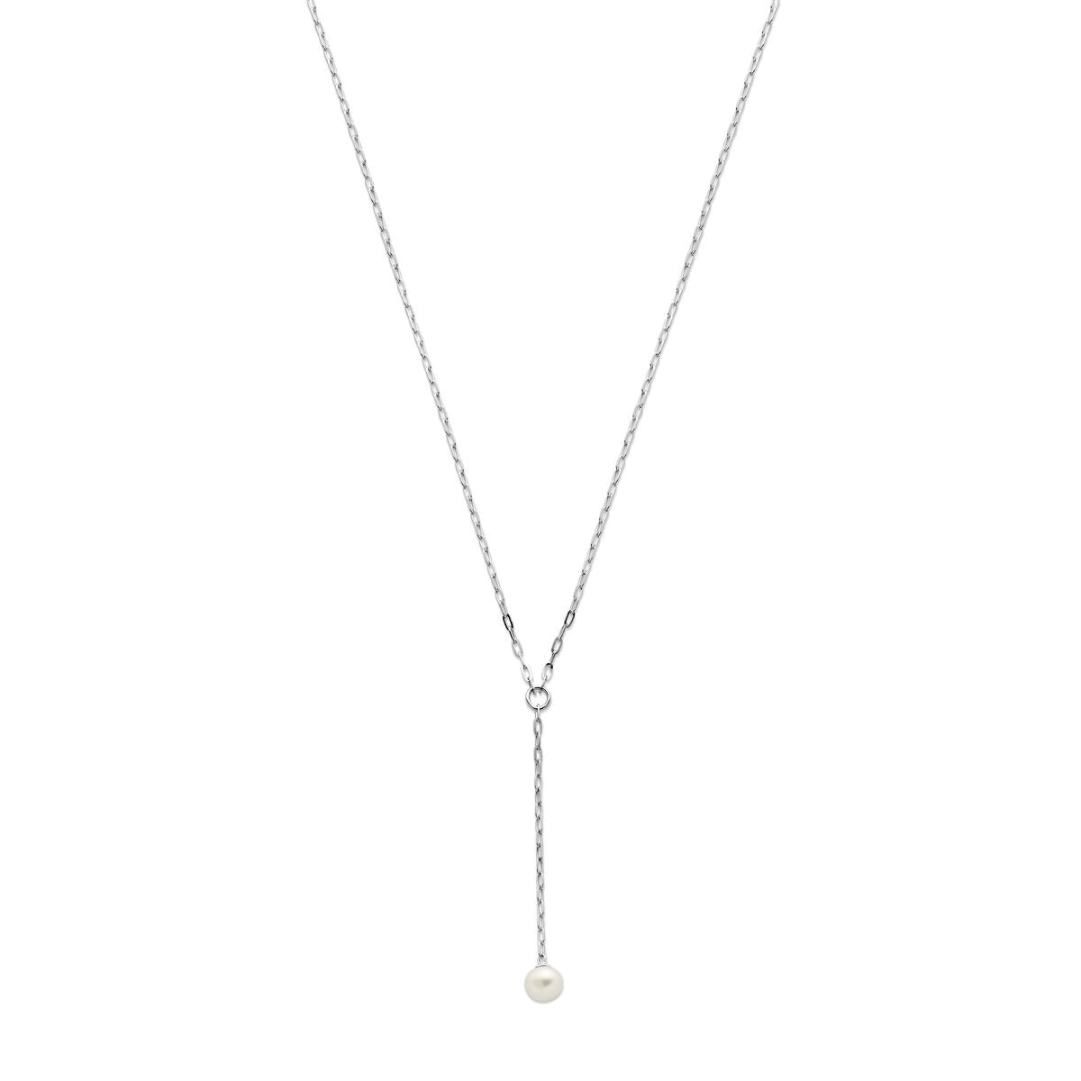 Zilver gerhodineerd y-collier met een parel van 1,7 mm, verstelbare lengte van 45 + 3 cm.