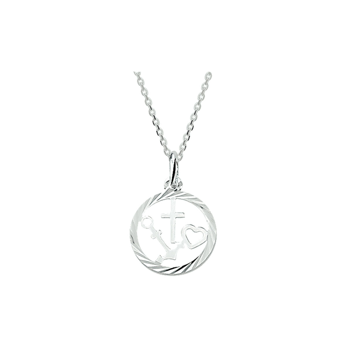 Zilveren ketting met een ronde hanger met de symbolen geloof, hoop en liefde, afgewerkt met een anker schakel.