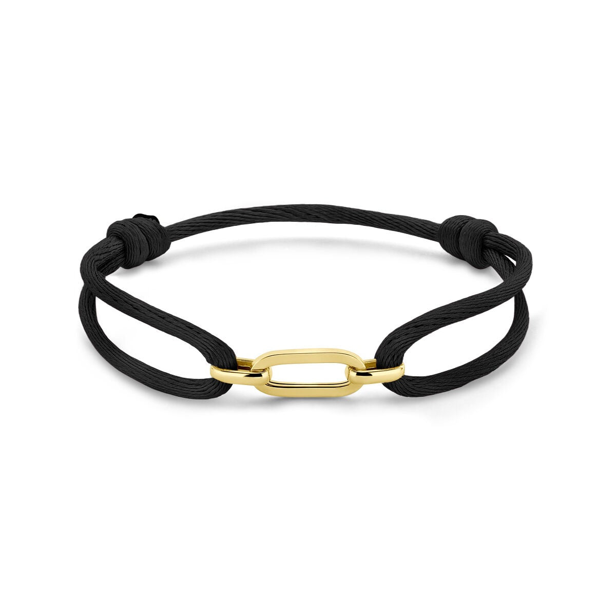 Zwart gevlochten dames armband met een 14k geelgouden schakel, verstelbaar van 13 tot 26 cm.