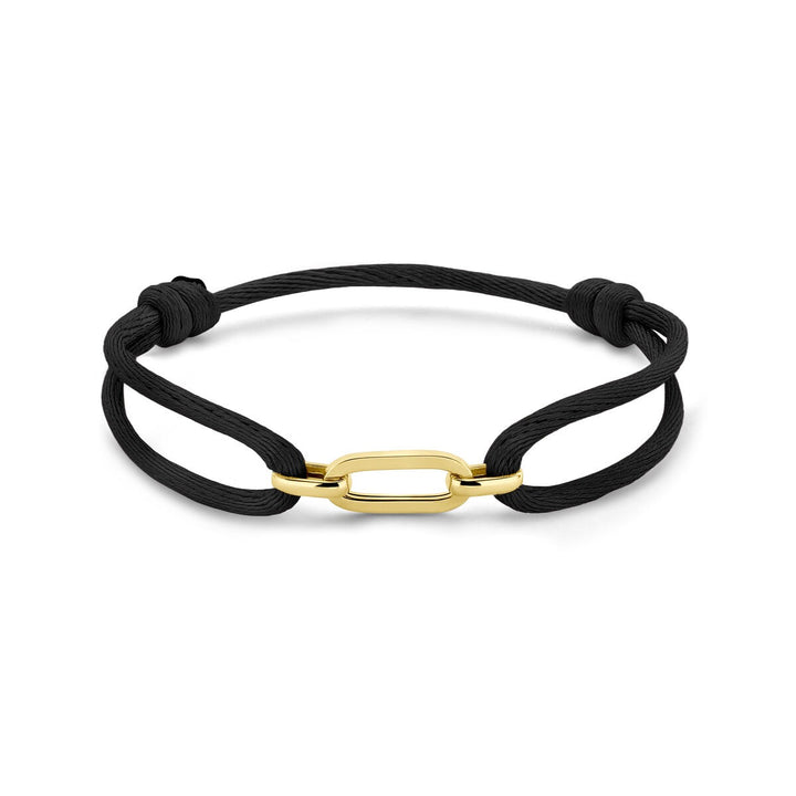 Zwart gevlochten dames armband met 14k geelgouden schakel – verstelbaar 13-26 cm