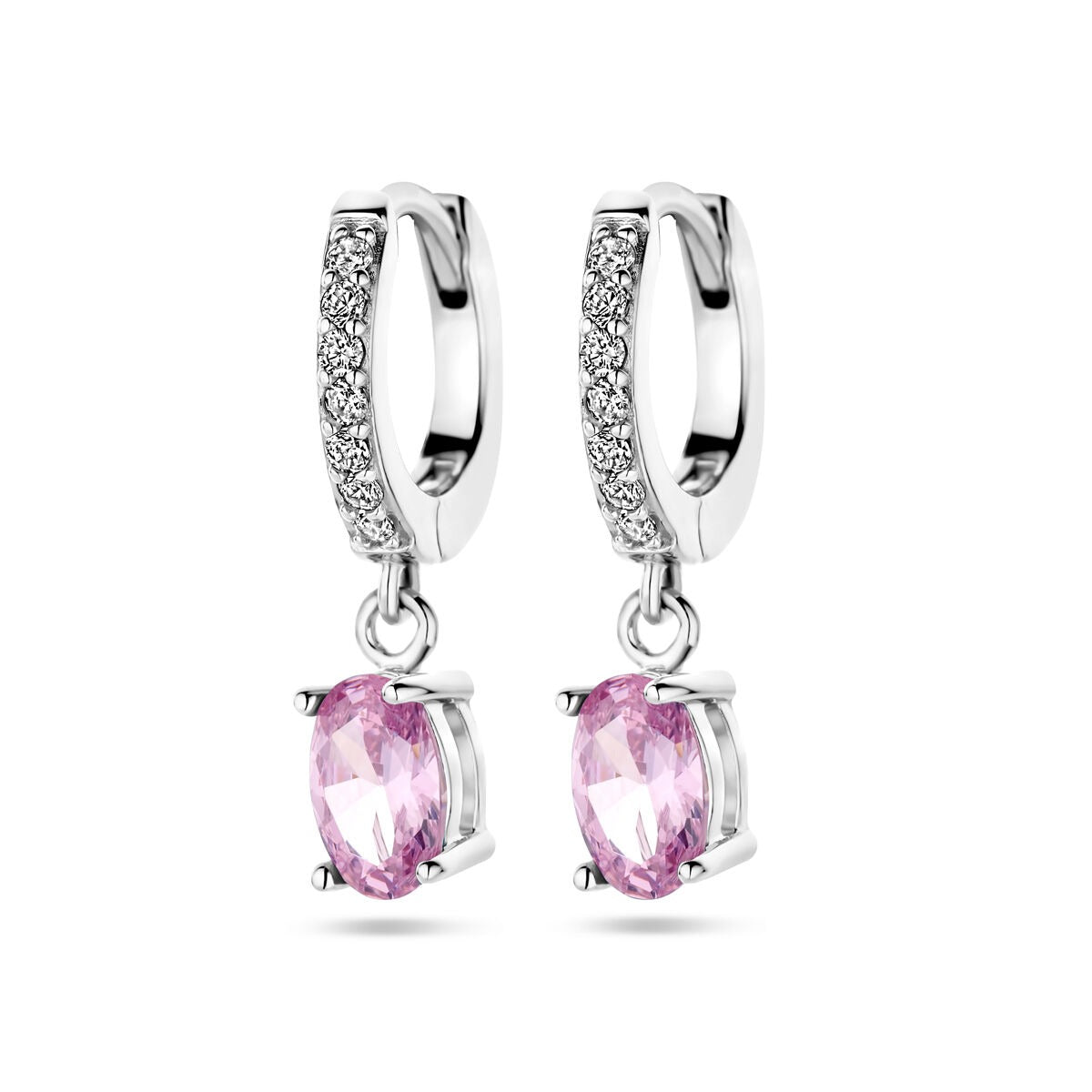 Gerhodineerde zilveren klapoorringen met een roze zirkonia en witte zirkonia aan de bovenkant.