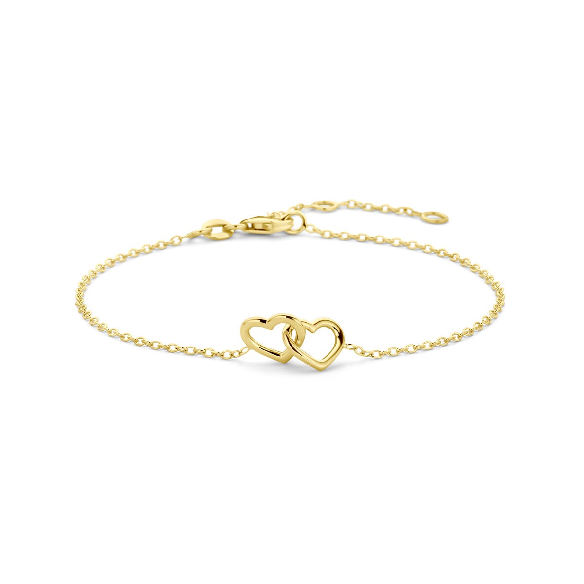 Geelgouden armband met twee open harten en een fijne schakelketting.