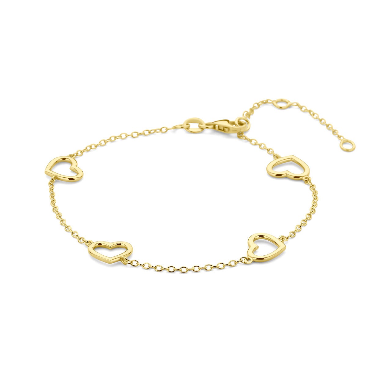 Geelgouden armband met hartjesvormige schakels en een fijne schakelketting.