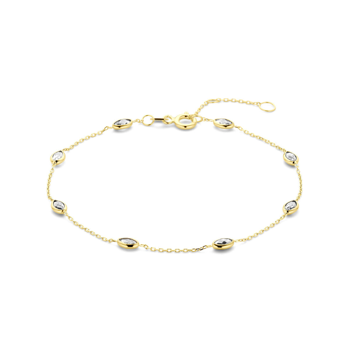 Geelgouden armband van 14k met zirkonia, voorzien van een schakelsysteem en een delicate uitstraling.