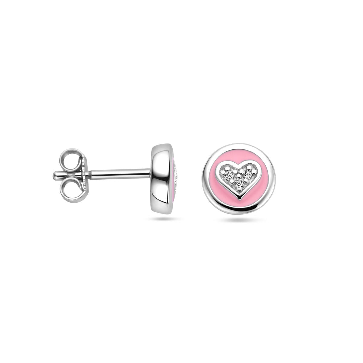 ear studs heart zirconia and pink enamel silver rhodium plated