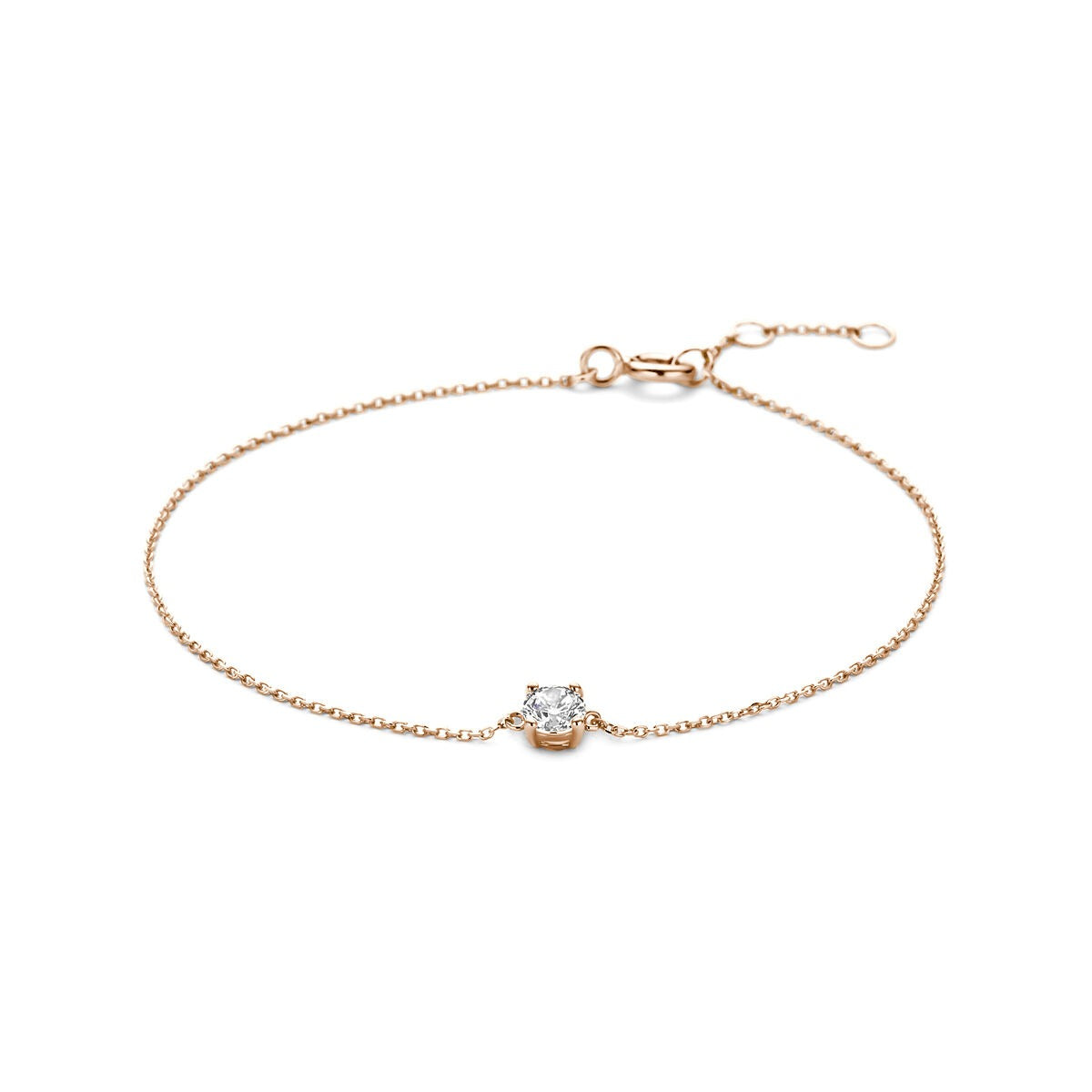Roze gouden armband met anker schakels en een zirkonia steentje, verstelbaar van 16.5 tot 18.5 cm.
