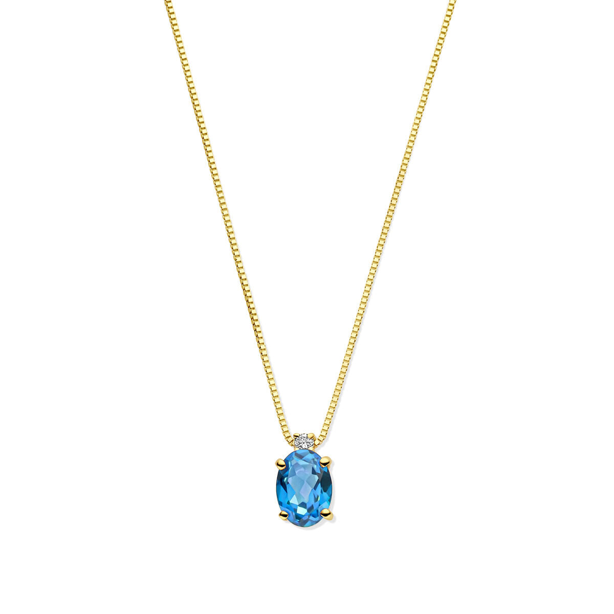 Geelgouden collier met een ovale London Blue topaas en een diamant boven de steen.