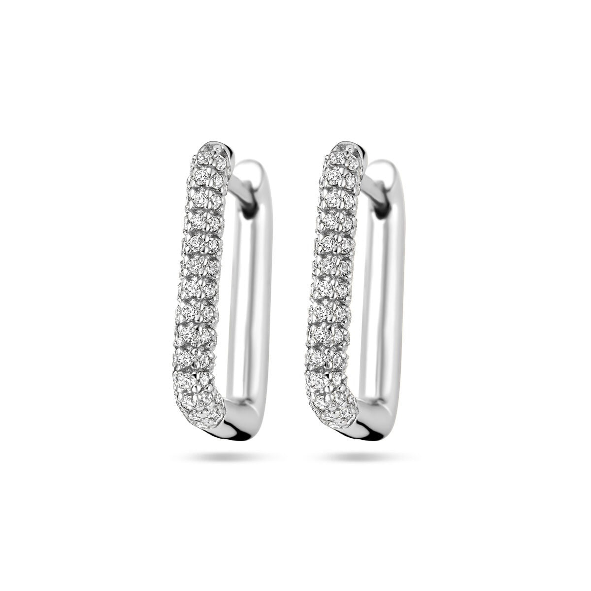 Zilveren klapoorringen van gerhodineerd 925 zilver met een rij zirkonia-steentjes aan de voorkant.