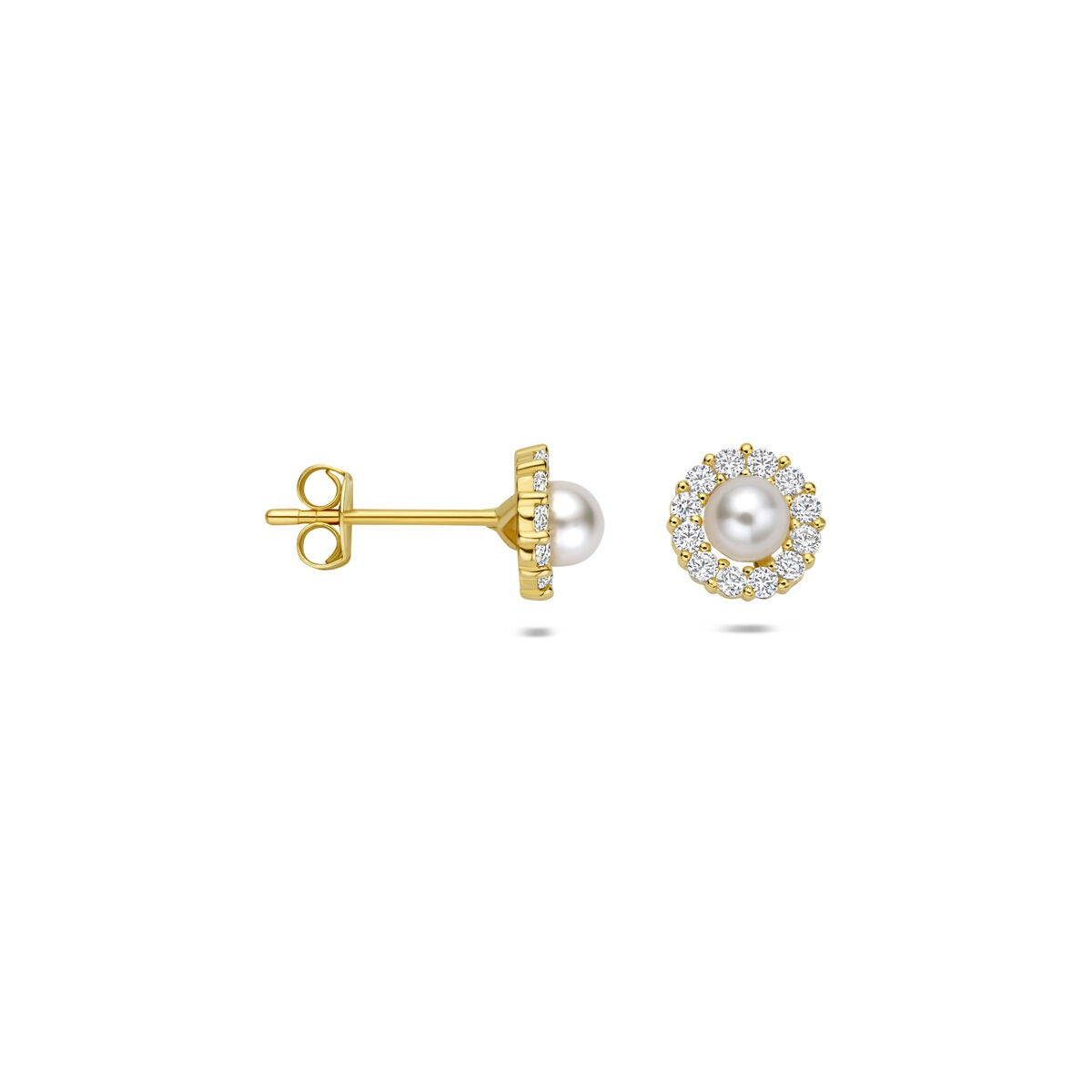 ear studs pearl and zirconia 14K yellow gold
