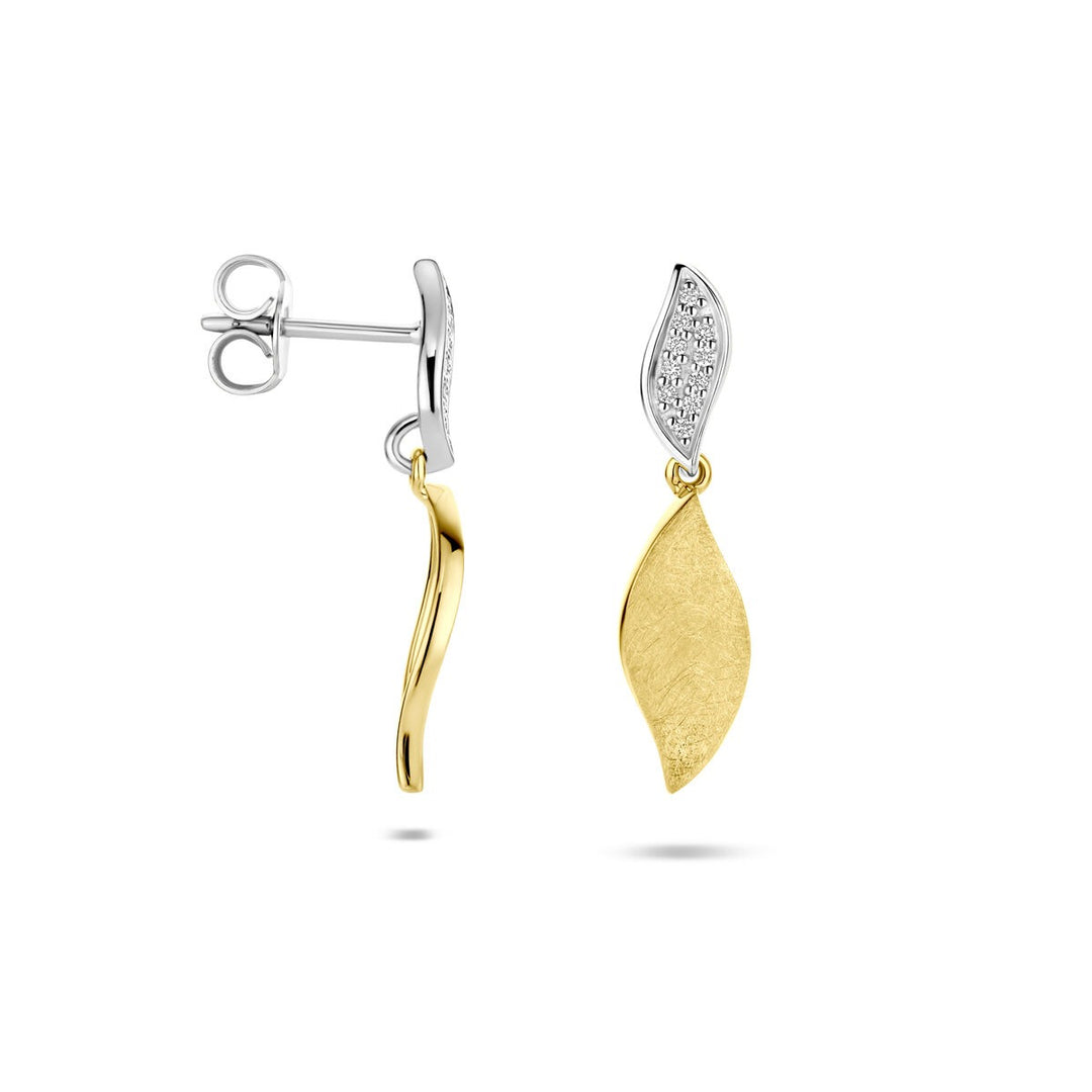 oorhangers poli/mat diamant 0.06ct (2x 0.03ct) h si 24 mm 14K bicolor goud geel/wit