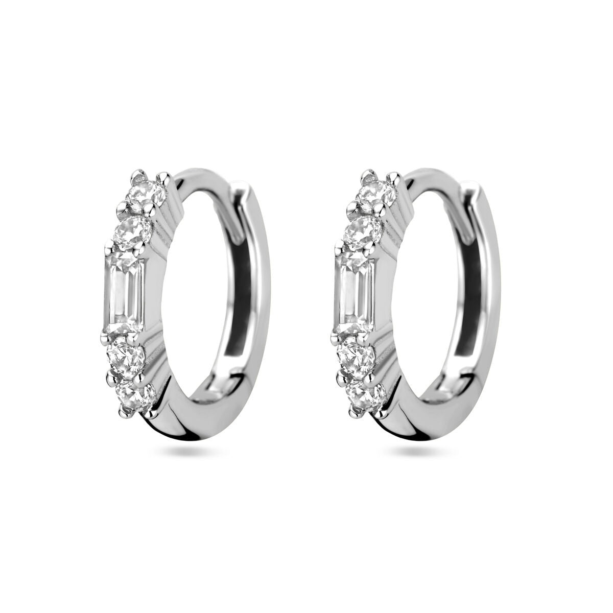 Zilveren klapoorringen met baguette zirkonia, gerhodineerd, diameter 11.5 mm.