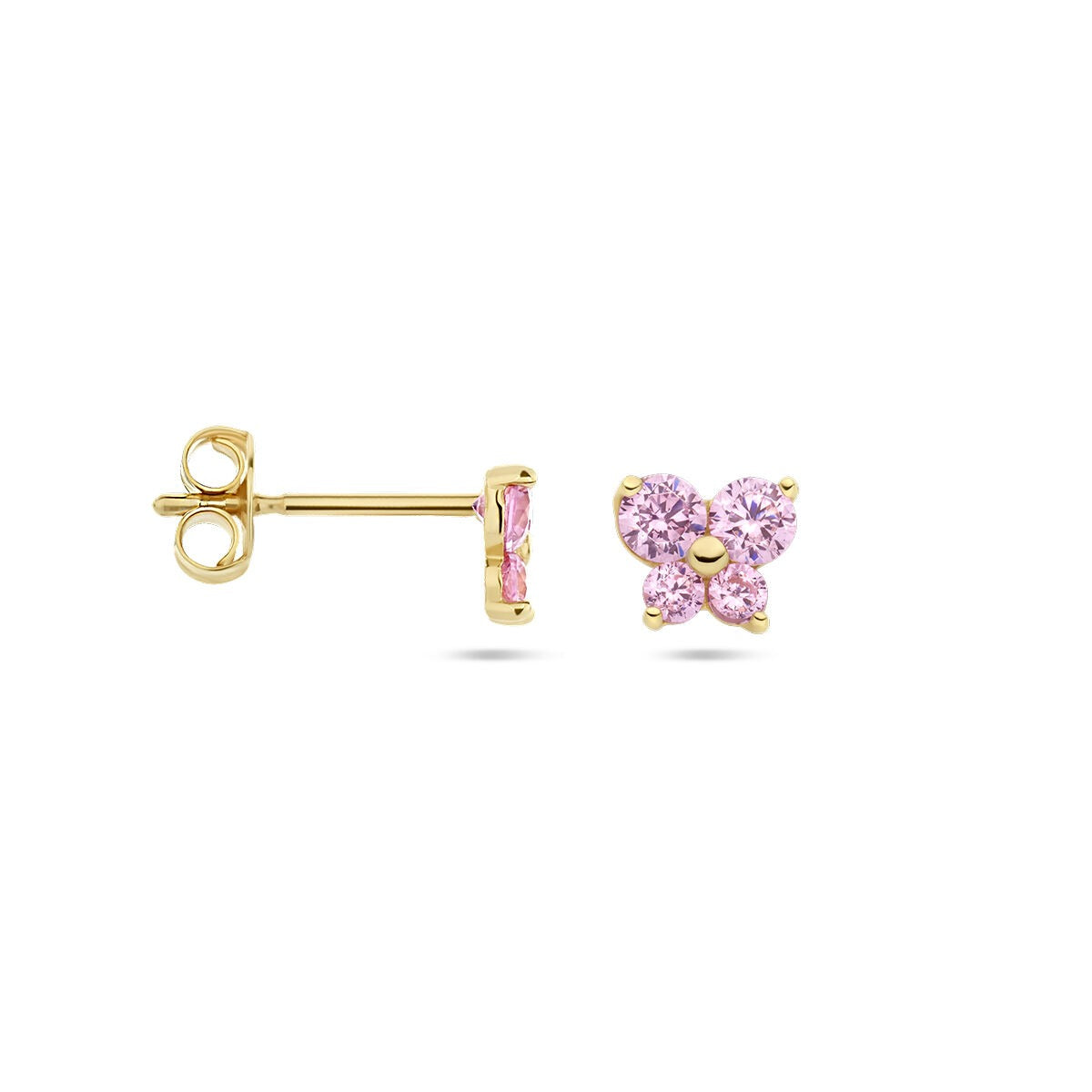 14k geelgouden oorknopjes vlinder met roze zirkonia