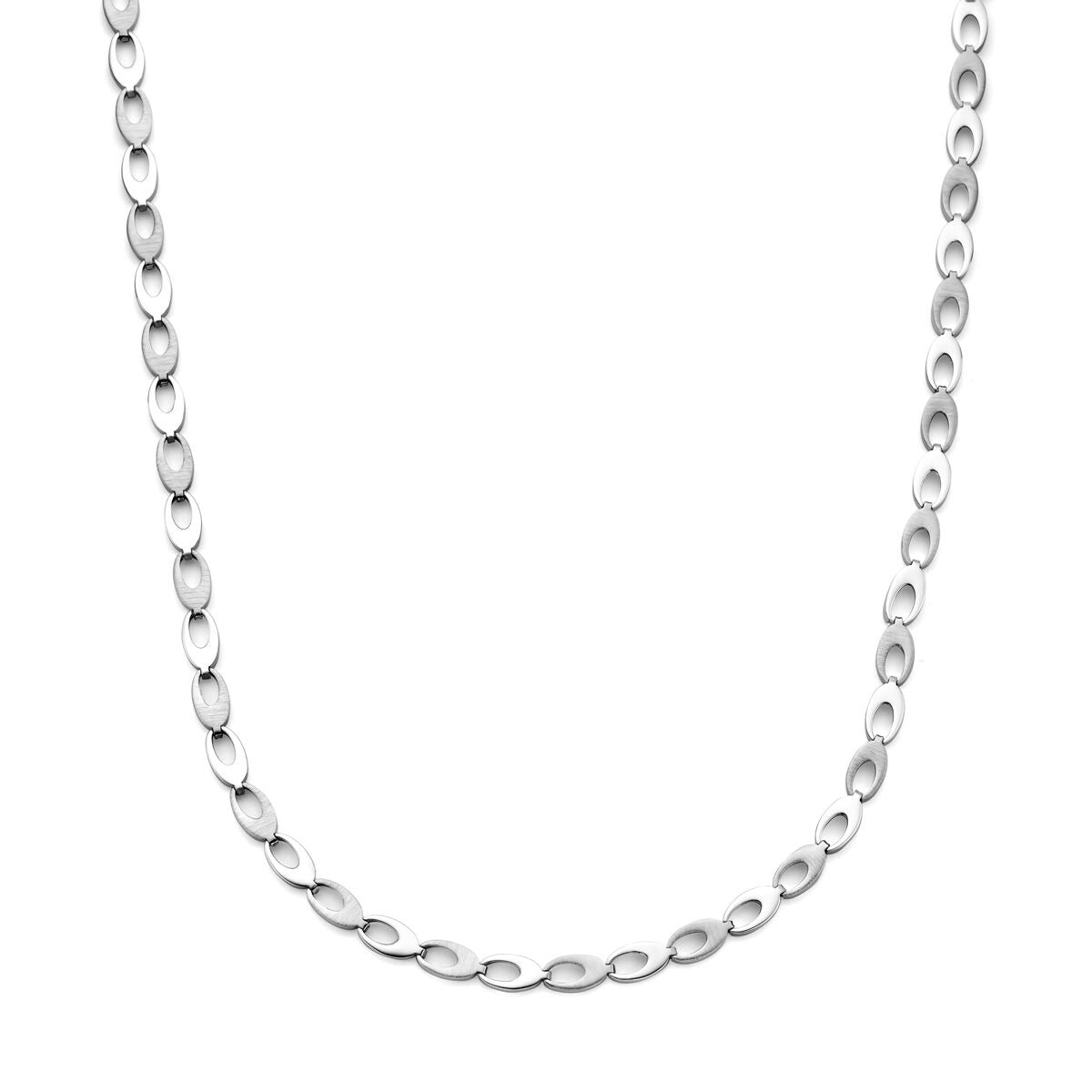Zilveren collier van gerhodineerd 925 zilver met een fantasie schakelpatern.