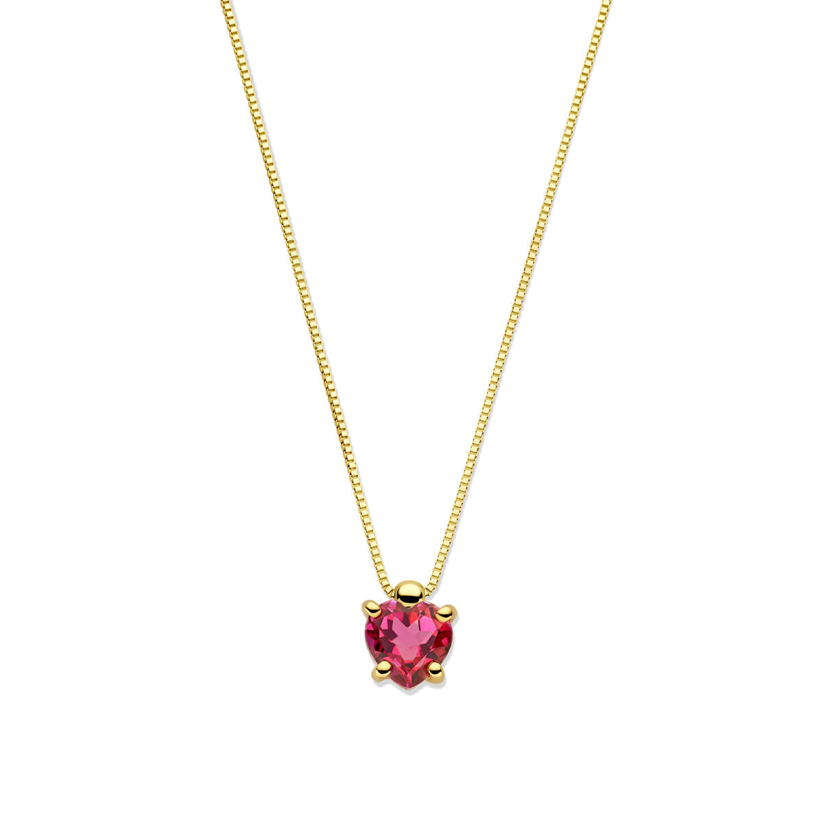 Geelgouden collier met een hartvormige roze topaas, fijn en subtiel ontwerp.