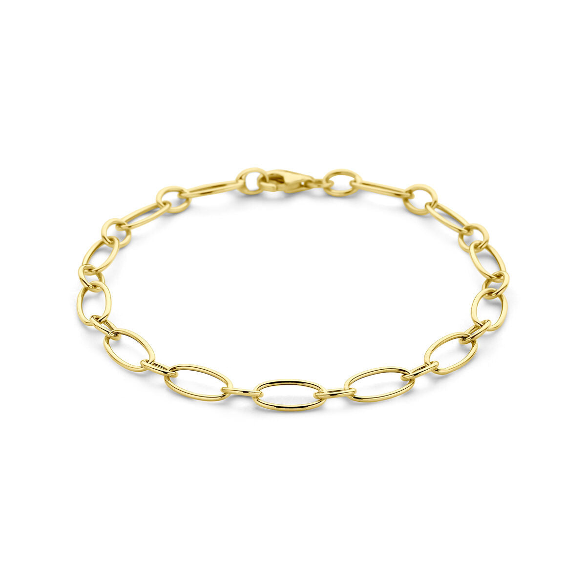Geelgouden anker armband met een karabijnsluiting en een schakelpatter van ovale schakelvormen.