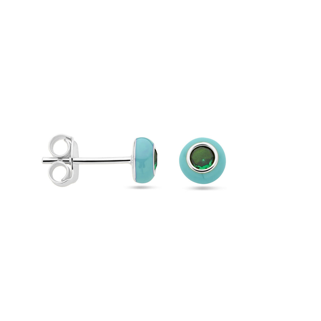 ear studs turquoise enamel and green zirconia silver rhodium plated