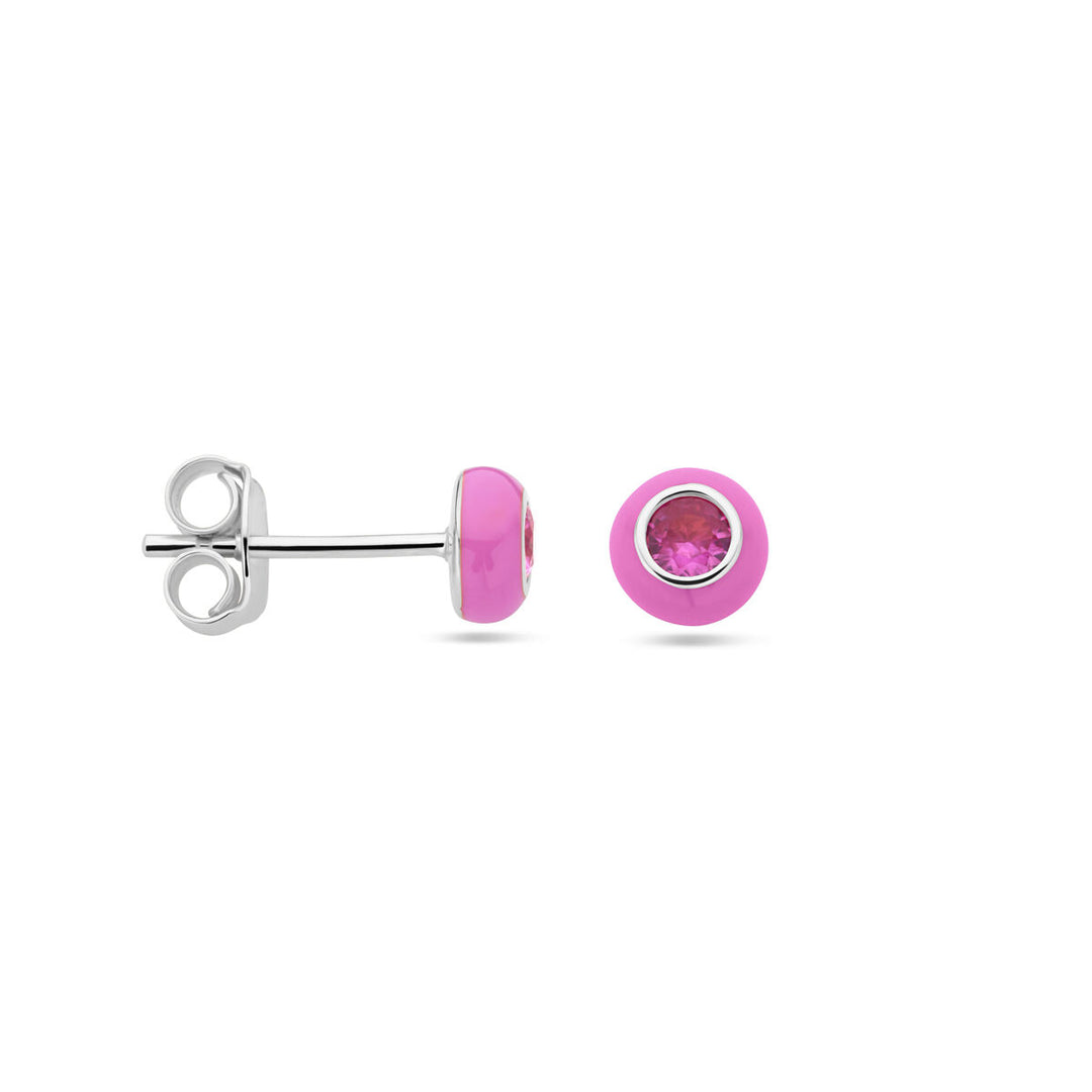 ear studs pink enamel and corundum zirconia silver rhodium plated