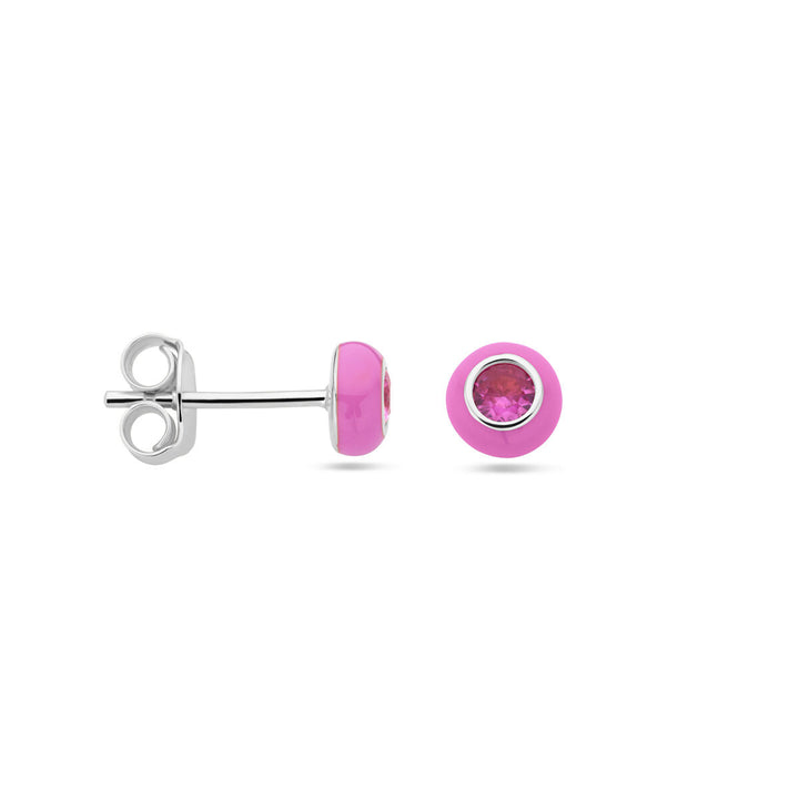 ear studs pink enamel and corundum zirconia silver rhodium plated