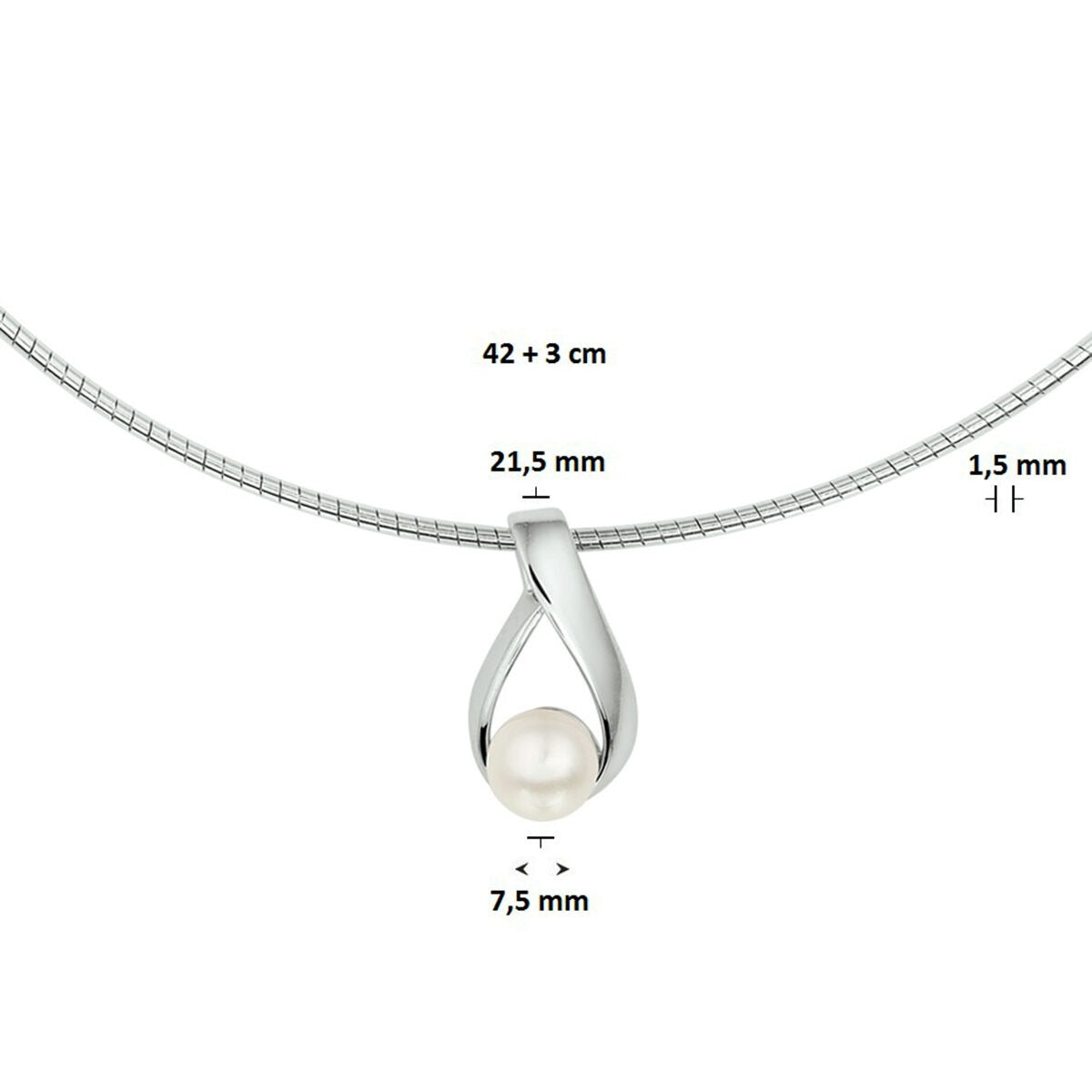 collier parel 42 + 3 cm zilver gerhodineerd