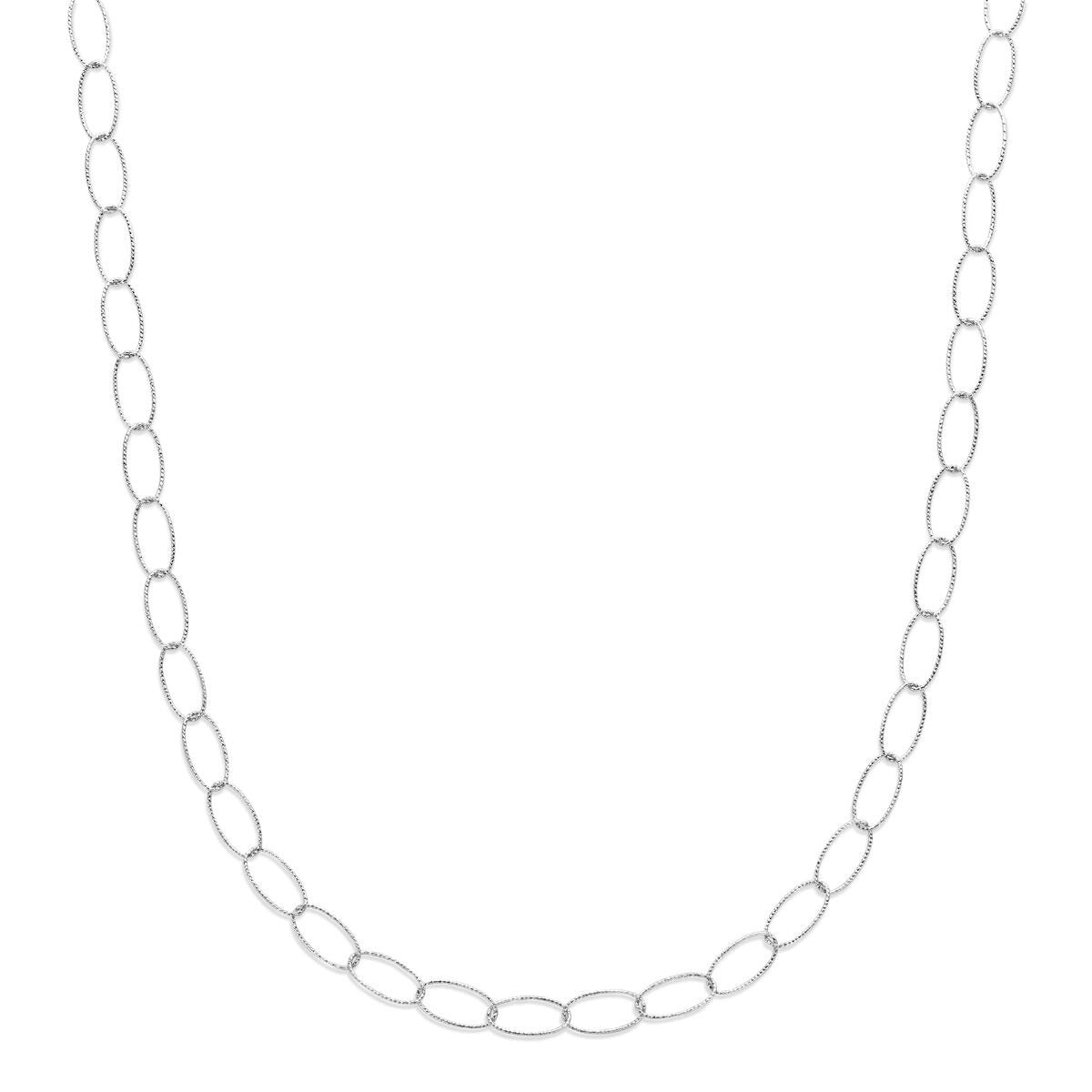 Zilveren gerhodineerde damesketting met anker schakels van 6,4 mm, lengte 45 cm.