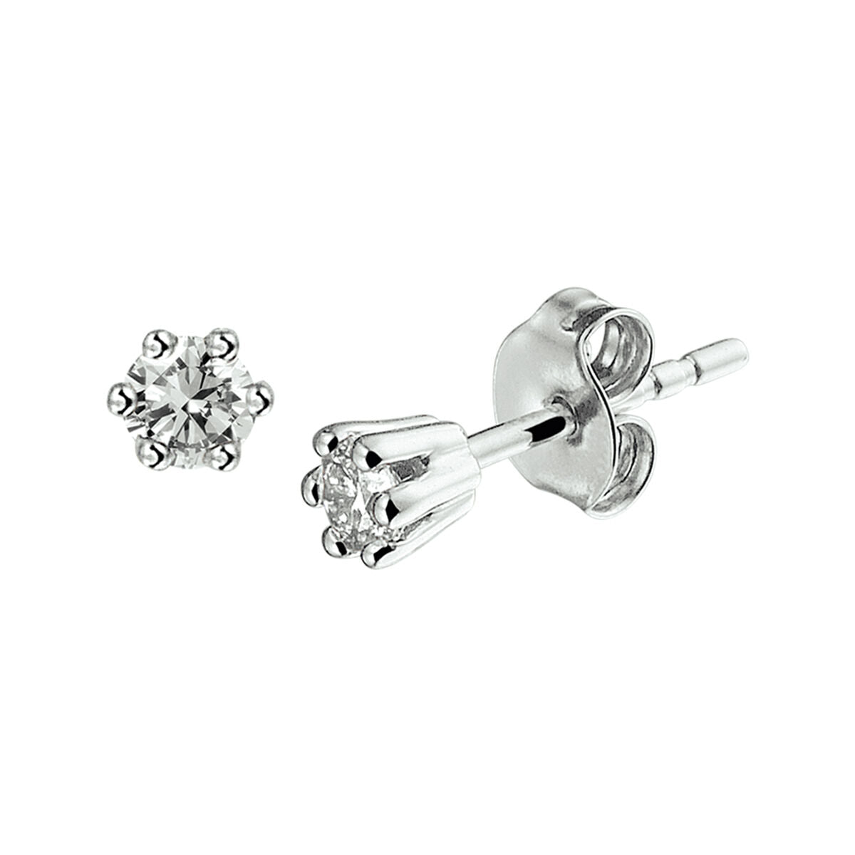 Witgouden oorknopjes met briljant geslepen diamant van 0.10ct in een bloemvormige zetting.
