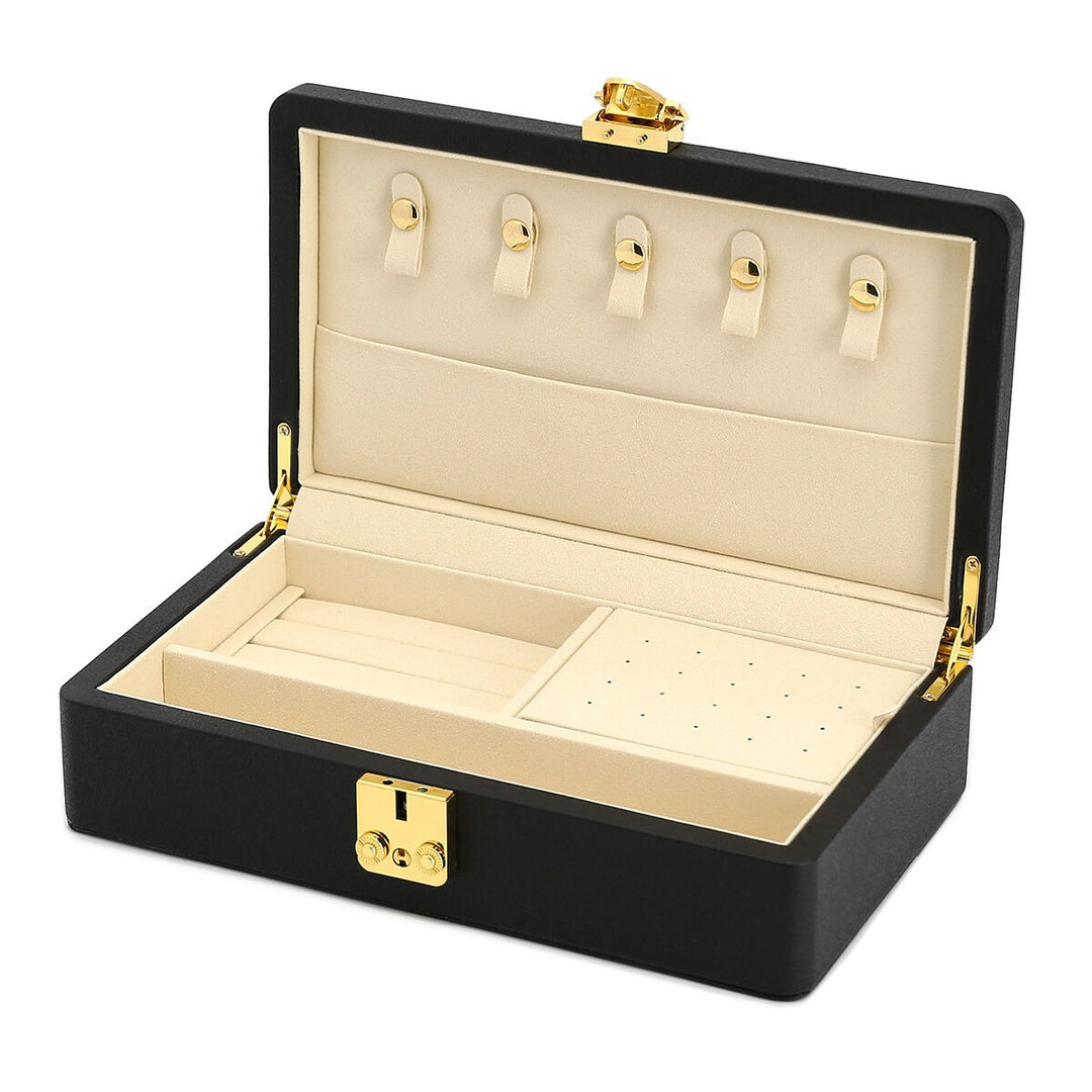 Luxe zwarte sieraden doos met goudkleurige details – compact & stijlvol