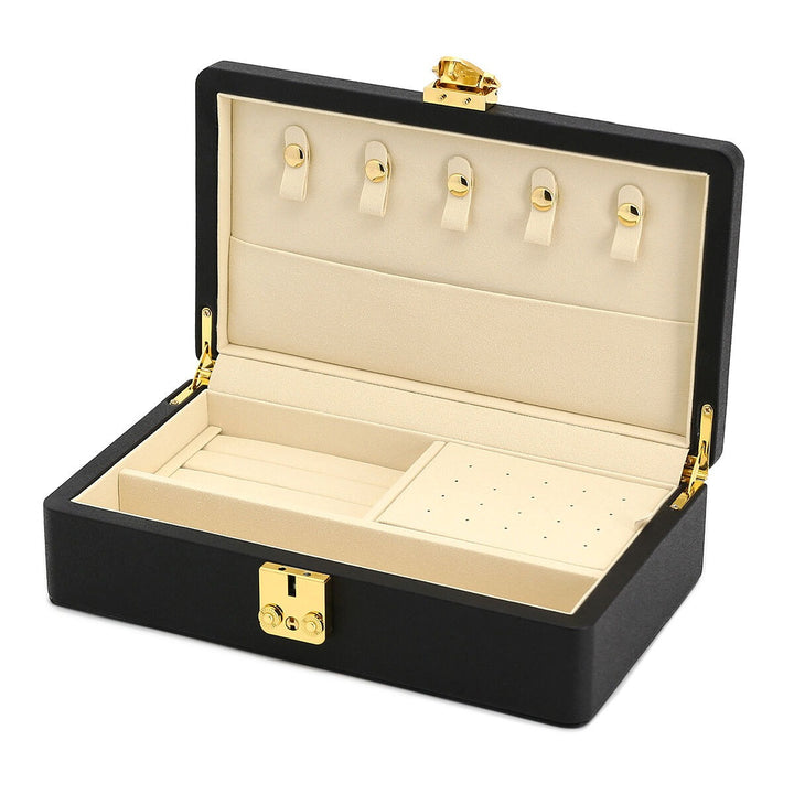 Luxe zwarte sieraden doos met goudkleurige details – compact & stijlvol